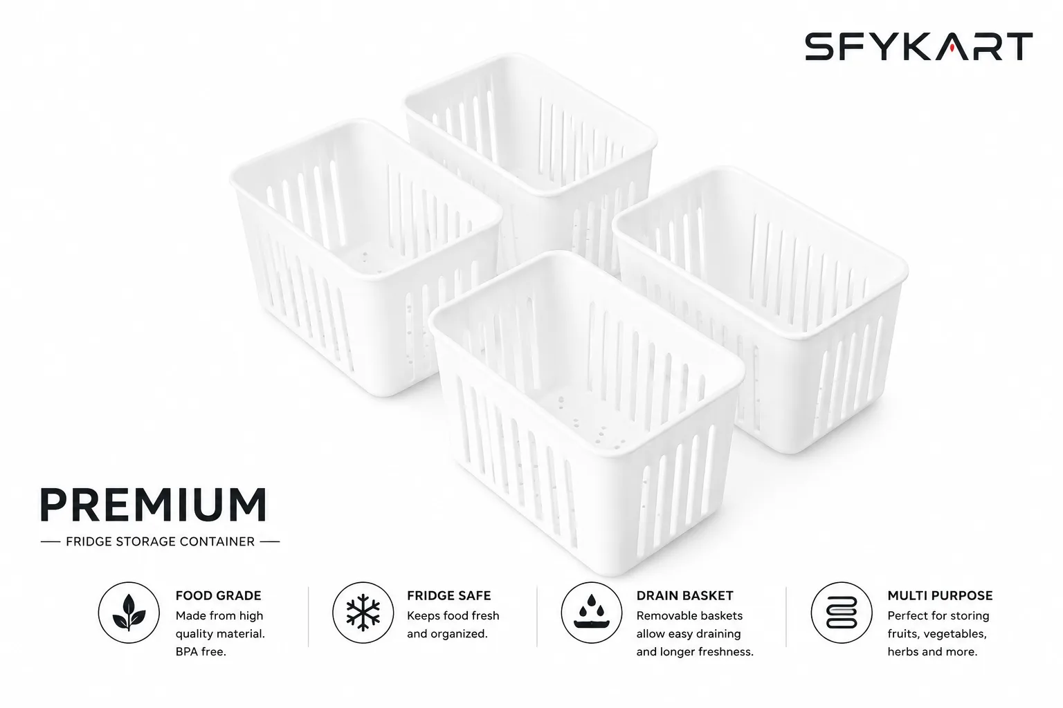 Vegetable Storage Container for Refrigerator with 4 Drain Baskets – SFYKART view 3
