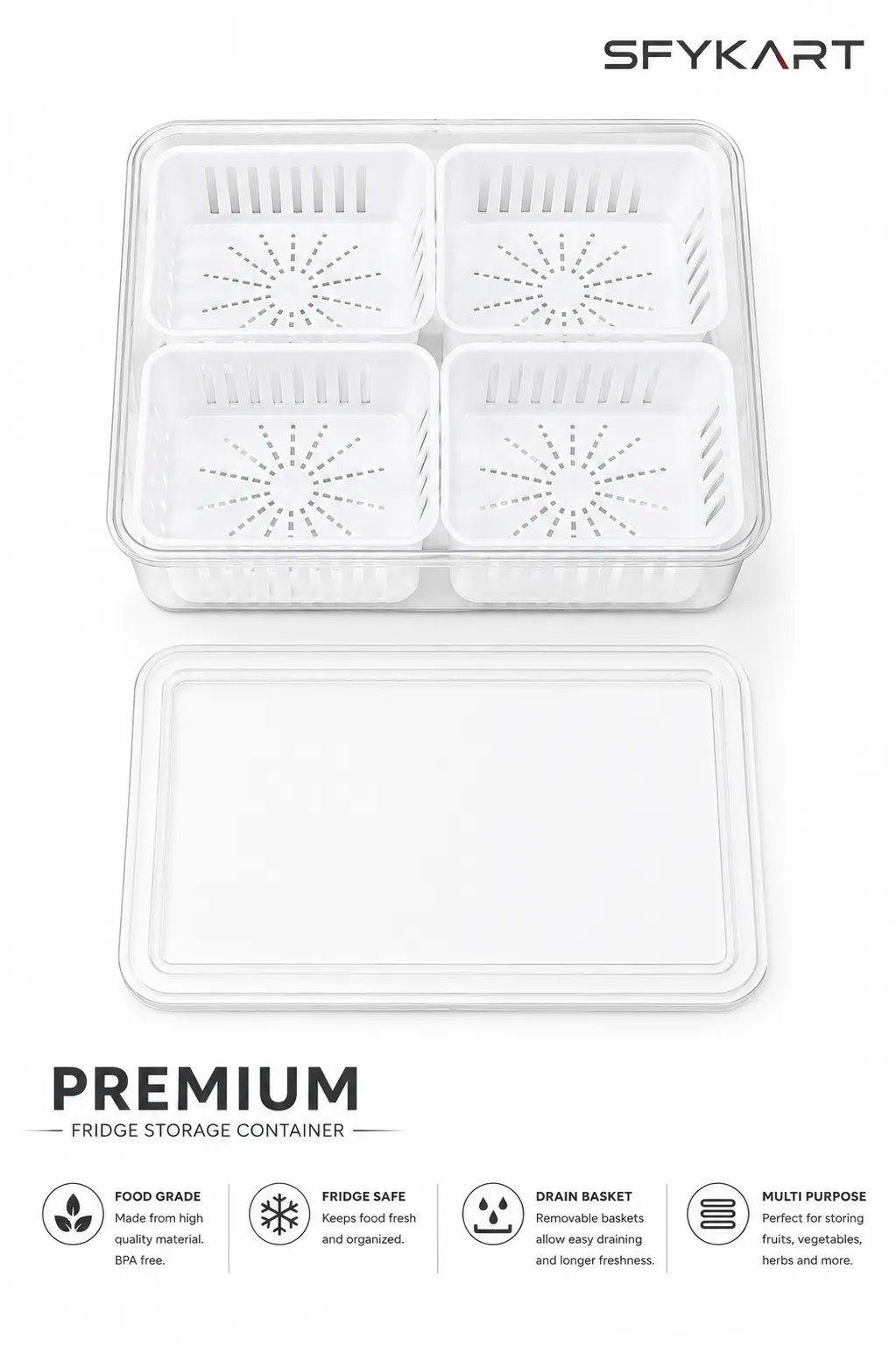 Vegetable Storage Container for Refrigerator with 4 Drain Baskets – SFYKART view 4