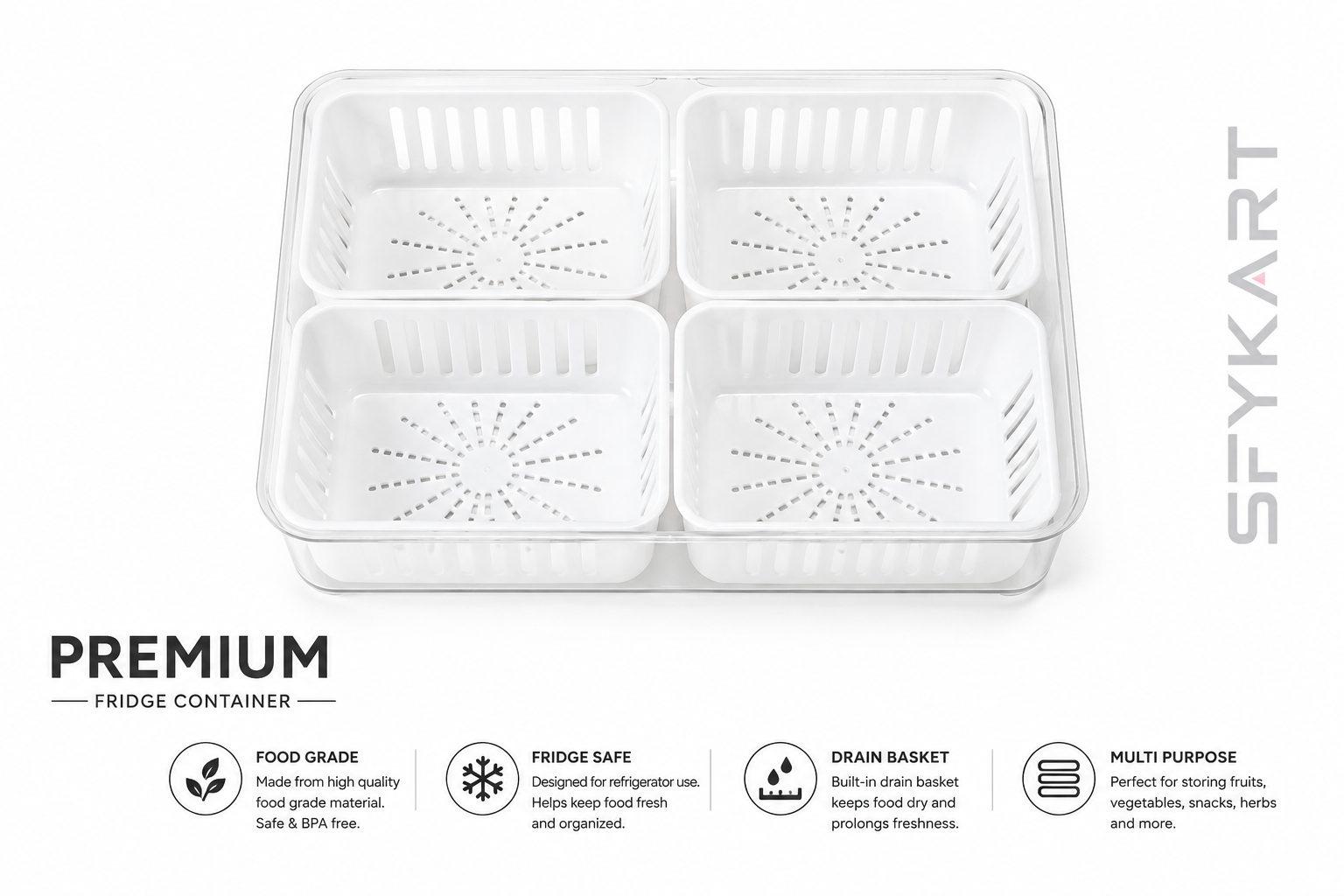 SFYKART Premium 4 Grid Fridge Storage Container with Drain Basket