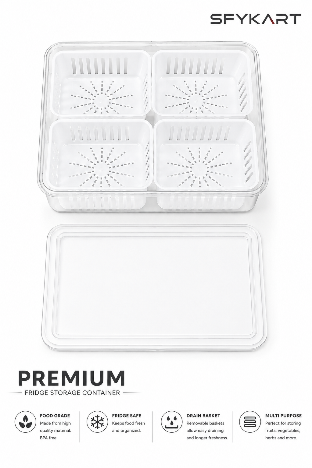 SFYKART Premium 4 Grid Fridge Storage Container with Drain Basket view 3