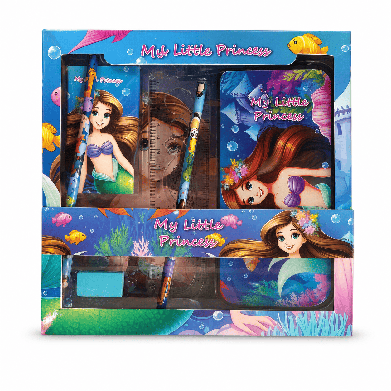 Princess Mermaid Theme Kids Stationery Gift Set with Metal Pencil Box, Colour Pencils, Ruler, Eraser, Sharpener & Pencil – Blue