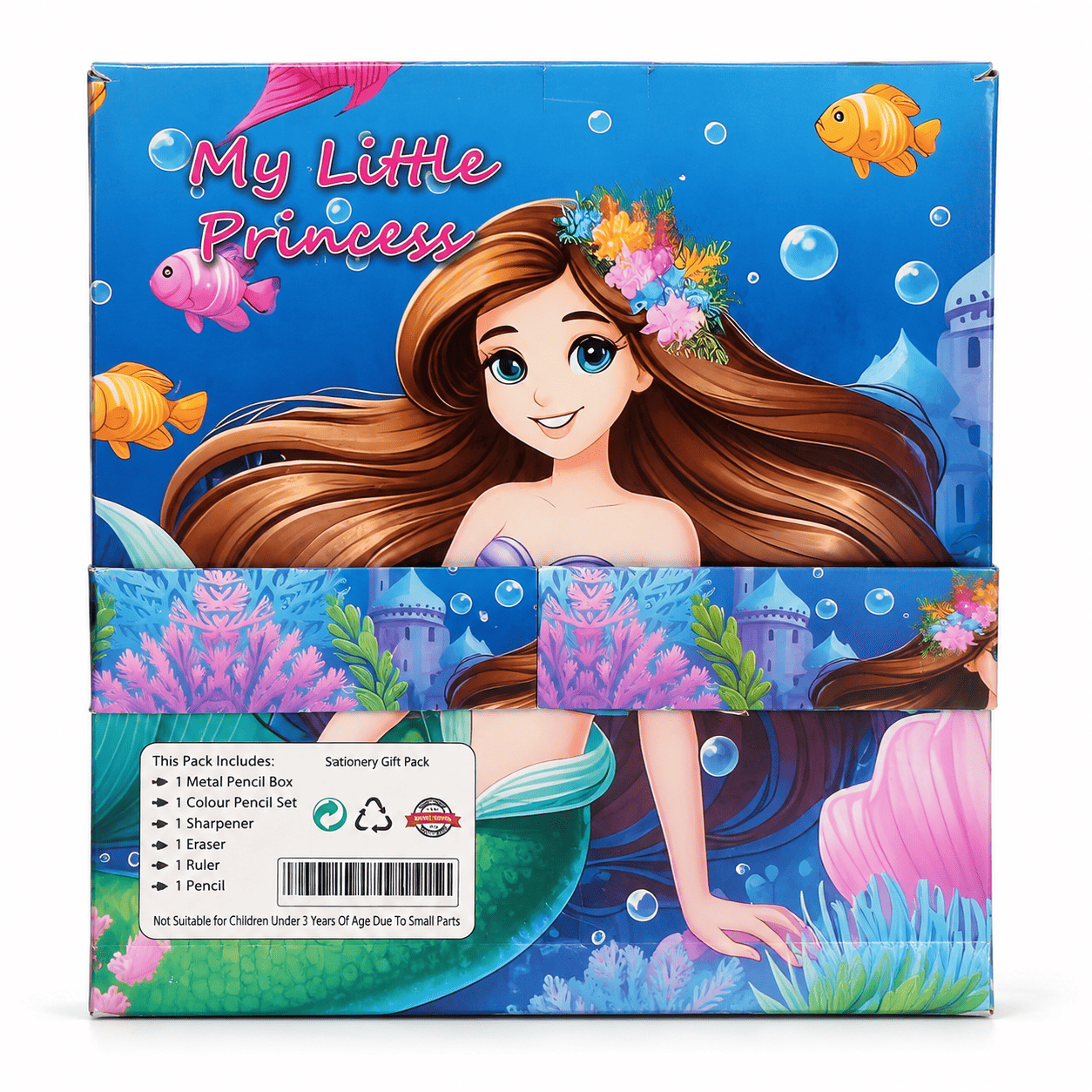 Princess Mermaid Theme Kids Stationery Gift Set with Metal Pencil Box, Colour Pencils, Ruler, Eraser, Sharpener & Pencil – Blue view 2