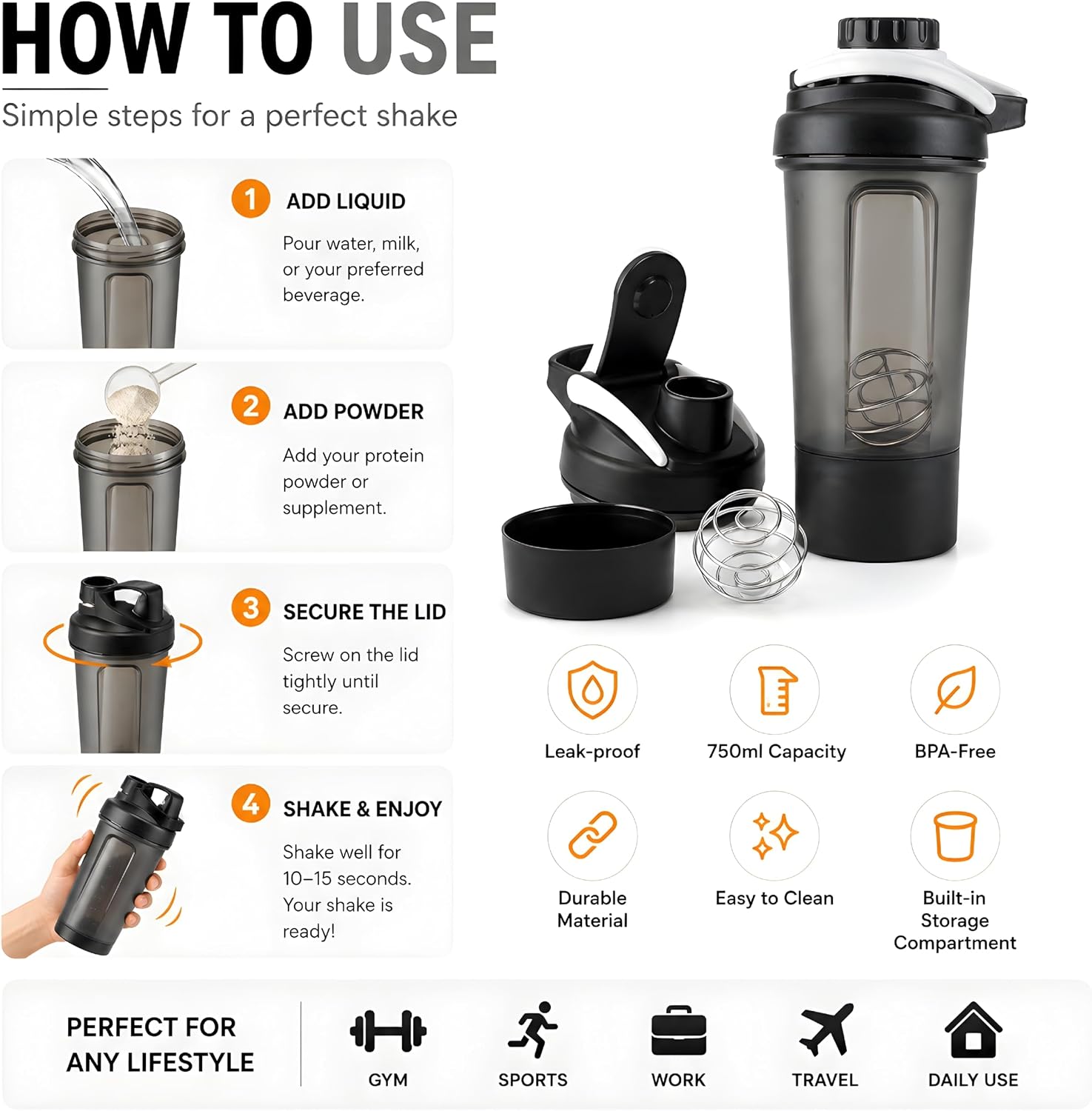 Premium 750ml Protein Shaker Mixer Bottle with Steel Mixing Ball & Storage Compartment – Leak-Proof BPA-Free Gym Shaker, Black view 3