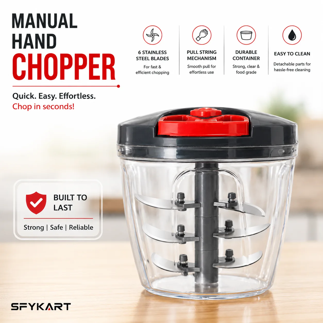 SFYKART Manual Hand Chopper with 6 Stainless Steel Blades view 3