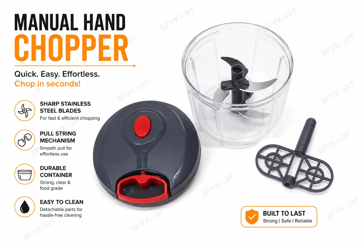 SFYKART Manual Hand Chopper with 6 Stainless Steel Blades view 4