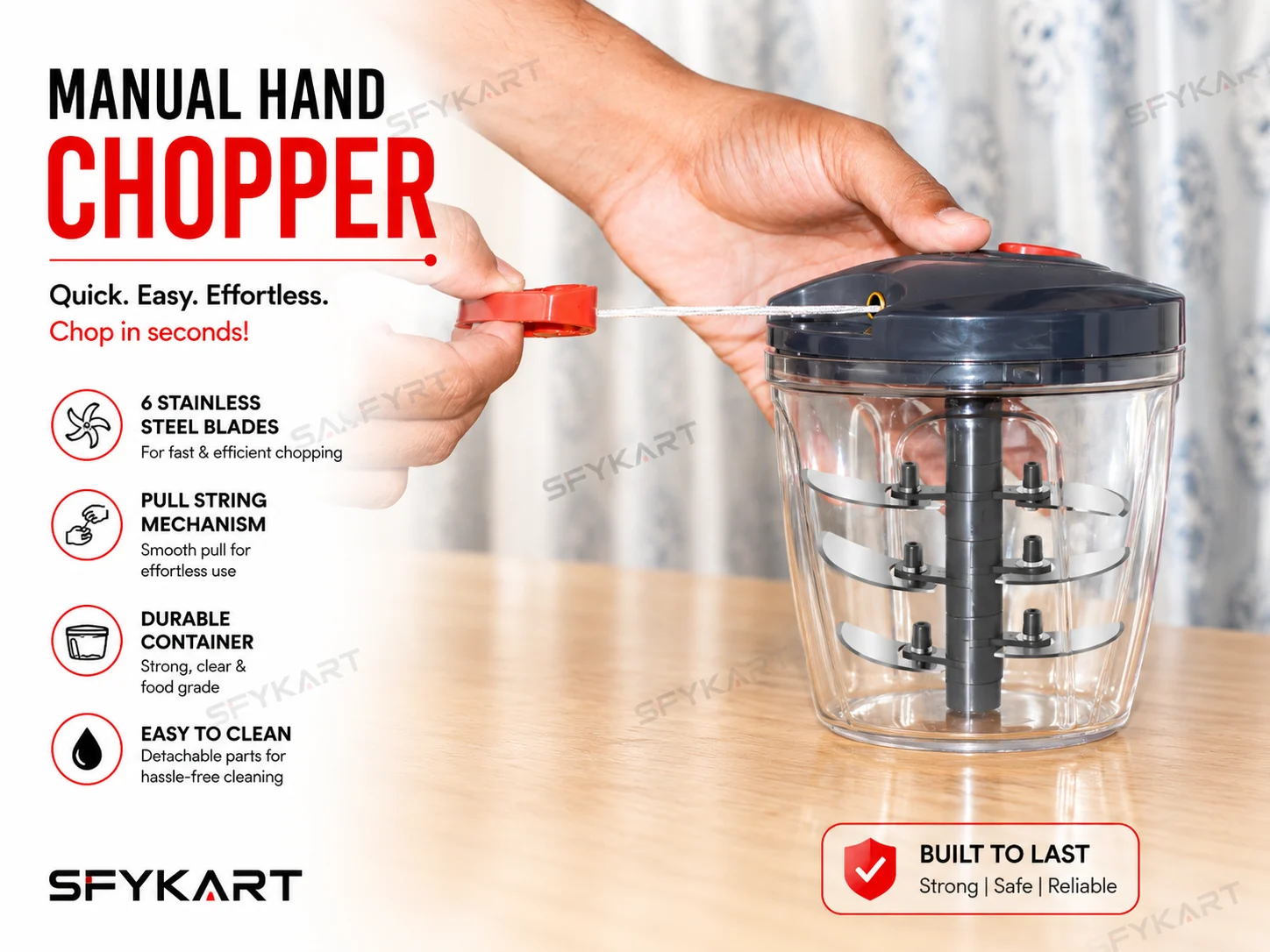 SFYKART Manual Hand Chopper with 6 Stainless Steel Blades view 5