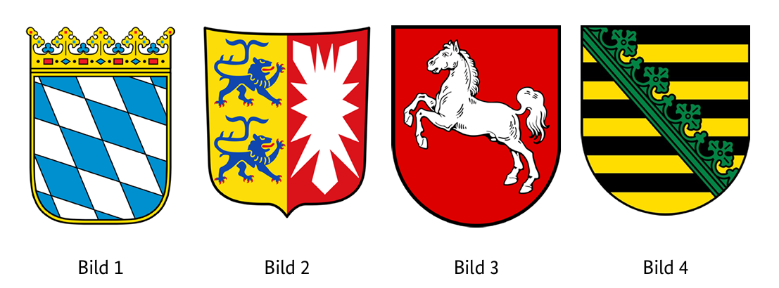 Abbildung zur Frage 1: Welches Wappen gehört zum Bundesland Niedersachsen (Lower Saxony)?