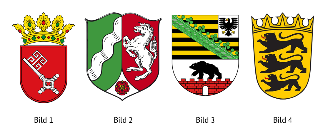 Abbildung zur Frage 1: Welches Wappen gehört zum Bundesland Nordrhein-Westfalen (North Rhine-Westphalia)?