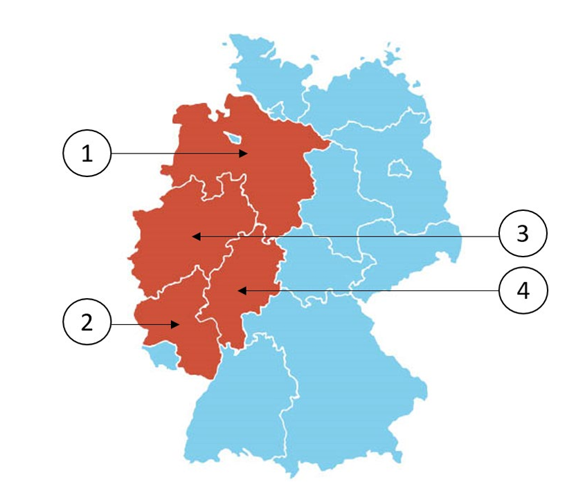 Abbildung zur Frage 8: Welches Bundesland ist Nordrhein-Westfalen (North Rhine-Westphalia)?