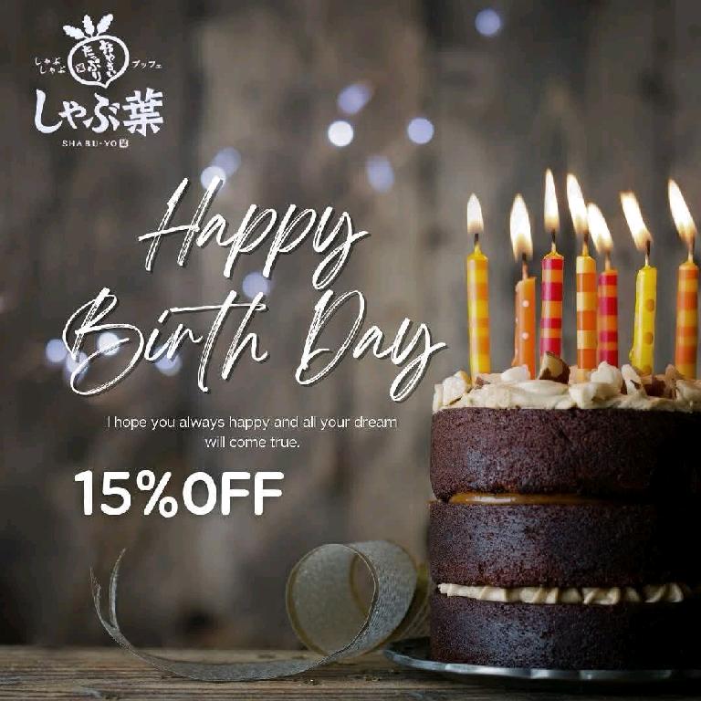 15% off total bill on your actual birthday (up to 6 pax)