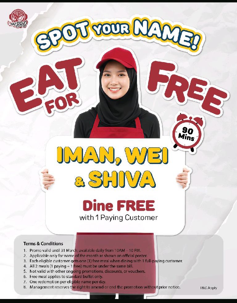 Eat free if your name is Iman, Wei or Shiva (9 Jan–31 Mar 2026)