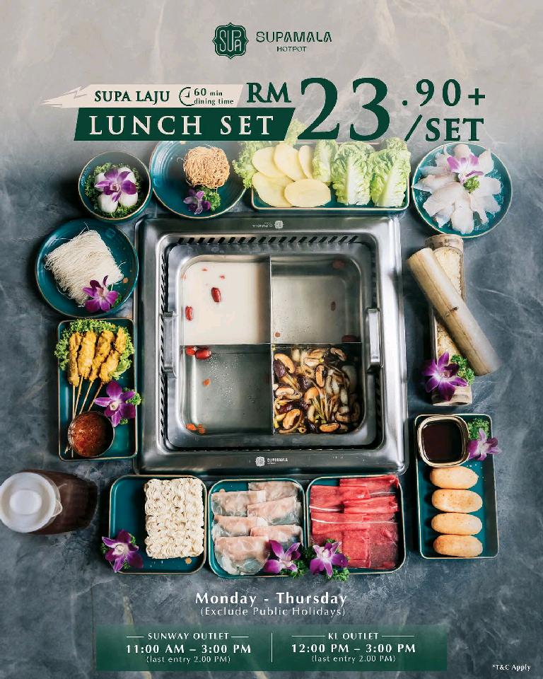 Hotpot lunch set from RM23.90+ (Mon–Thu); group discount from 5 pax