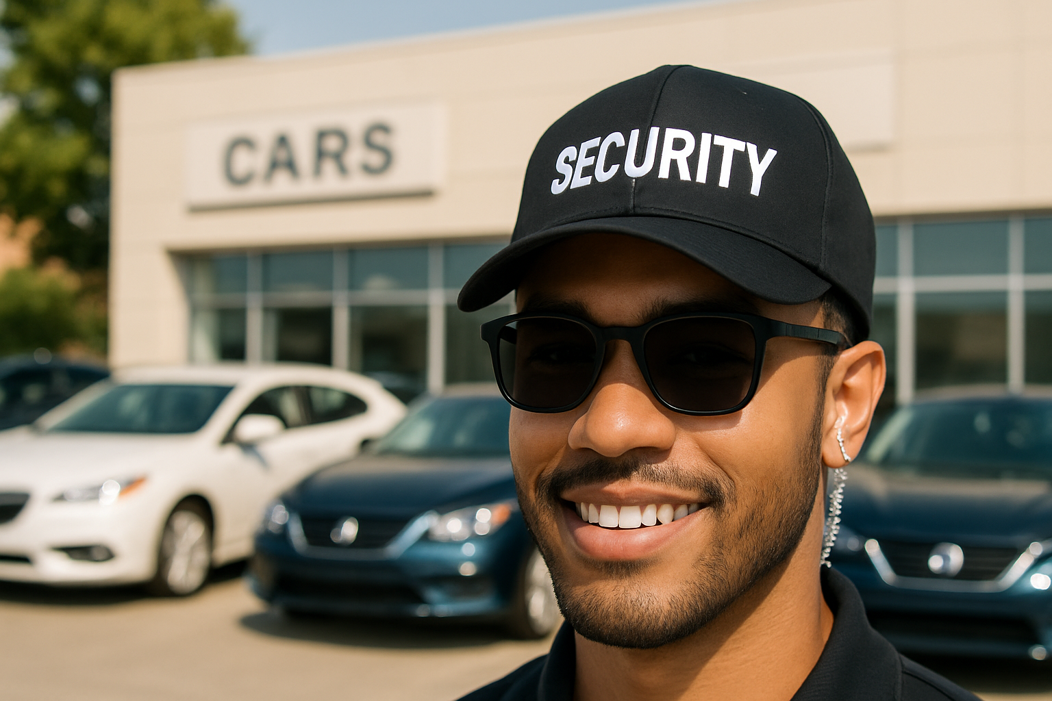 Security guard patrolling a luxury car dealership at night