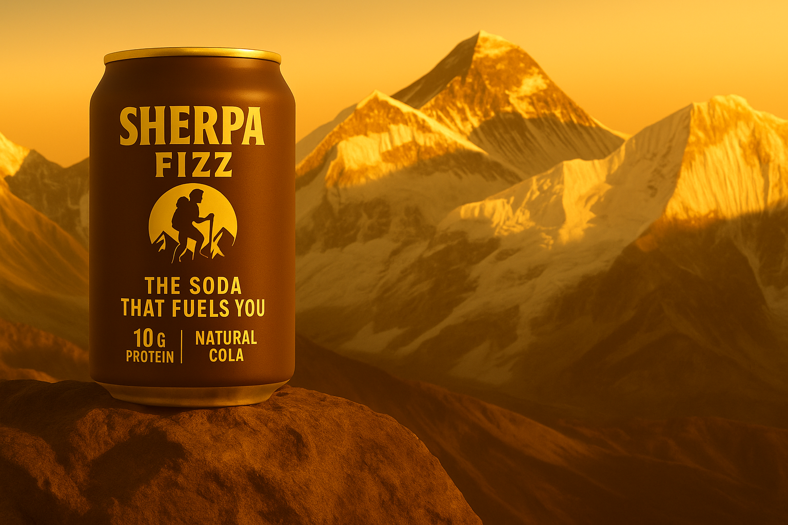 Sherpa Fizz natural protein cola can against a majestic mountain backdrop.