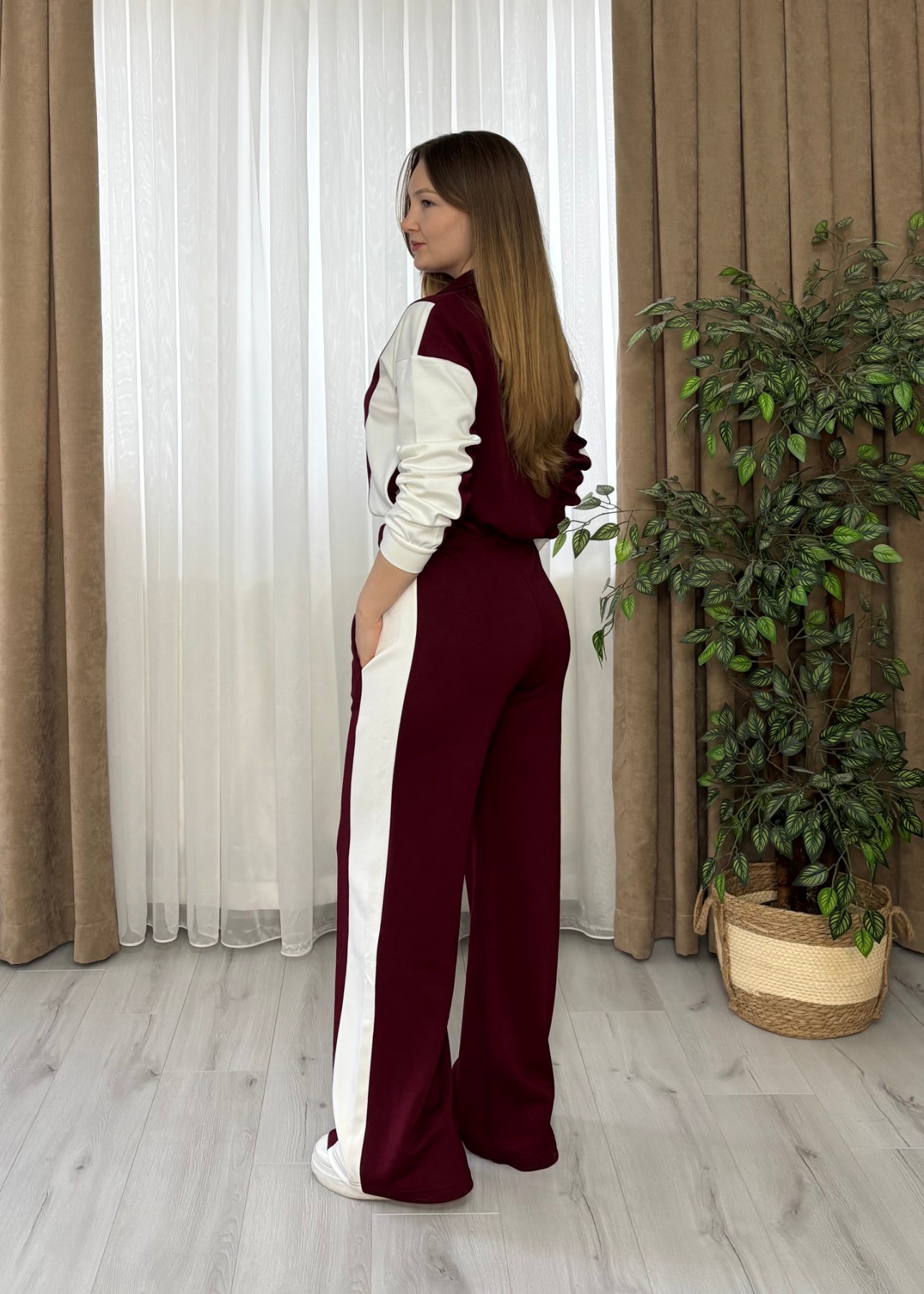 Fermuarlı Yüksek Bel Oysho Takım (Bordo & Ekru)--4