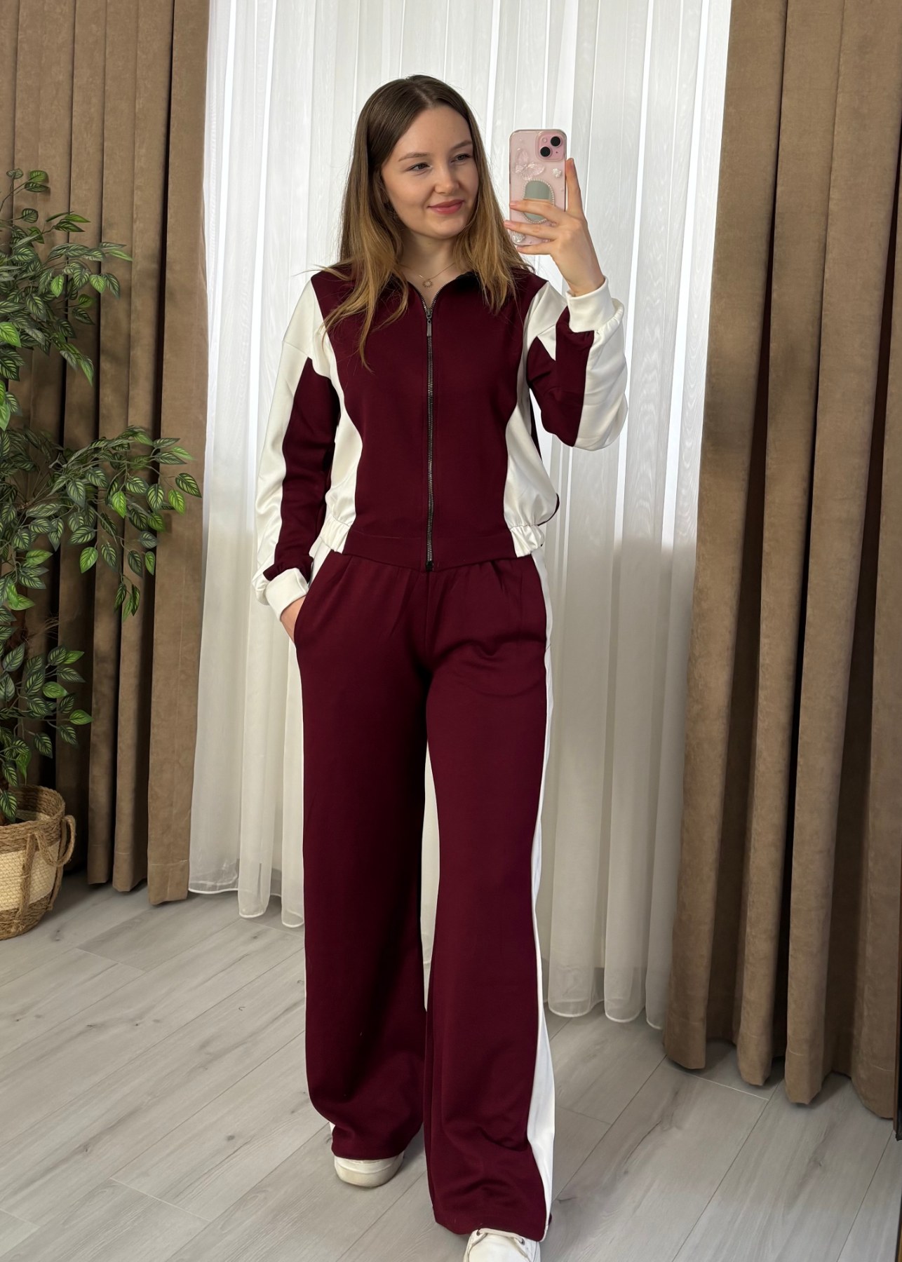 Fermuarlı Yüksek Bel Oysho Takım (Bordo & Ekru)--3