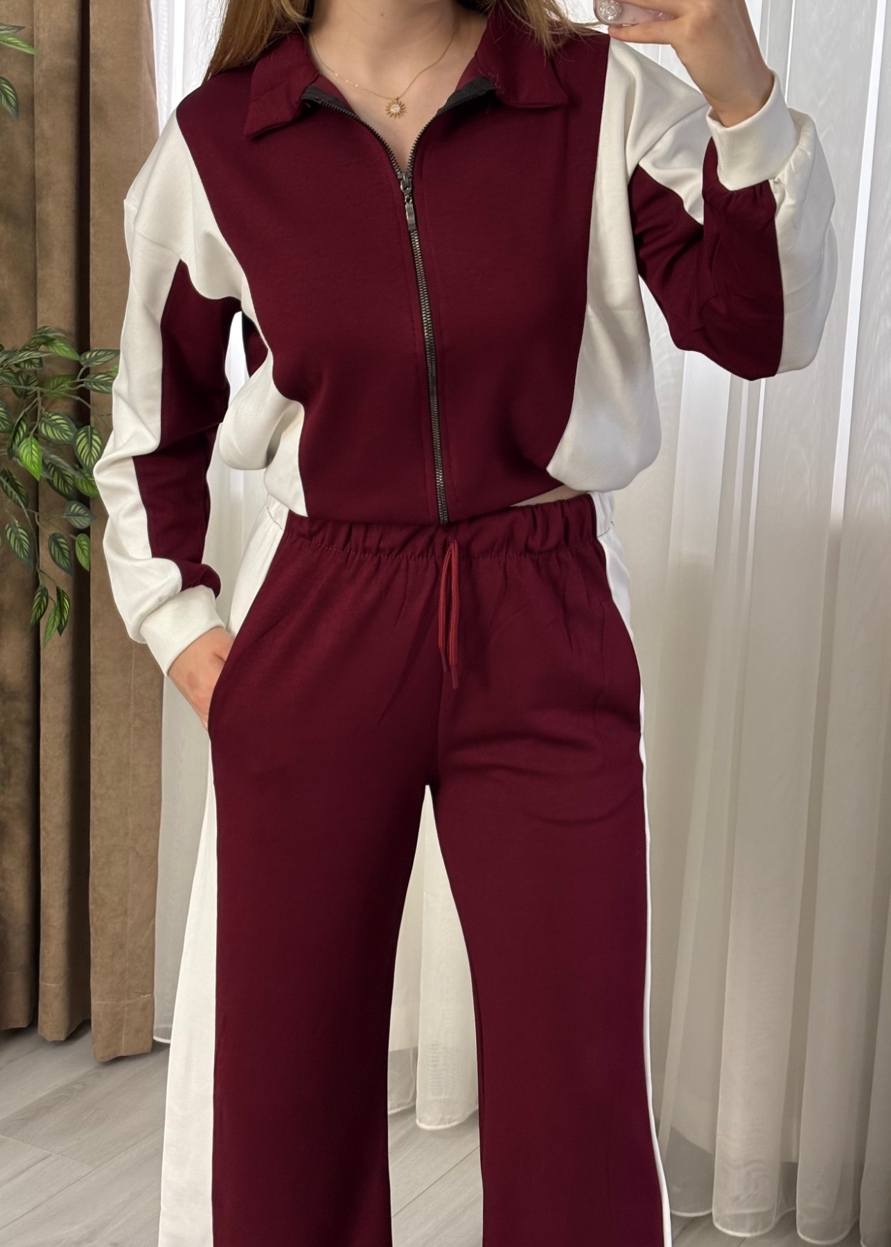 Fermuarlı Yüksek Bel Oysho Takım (Bordo & Ekru)--2