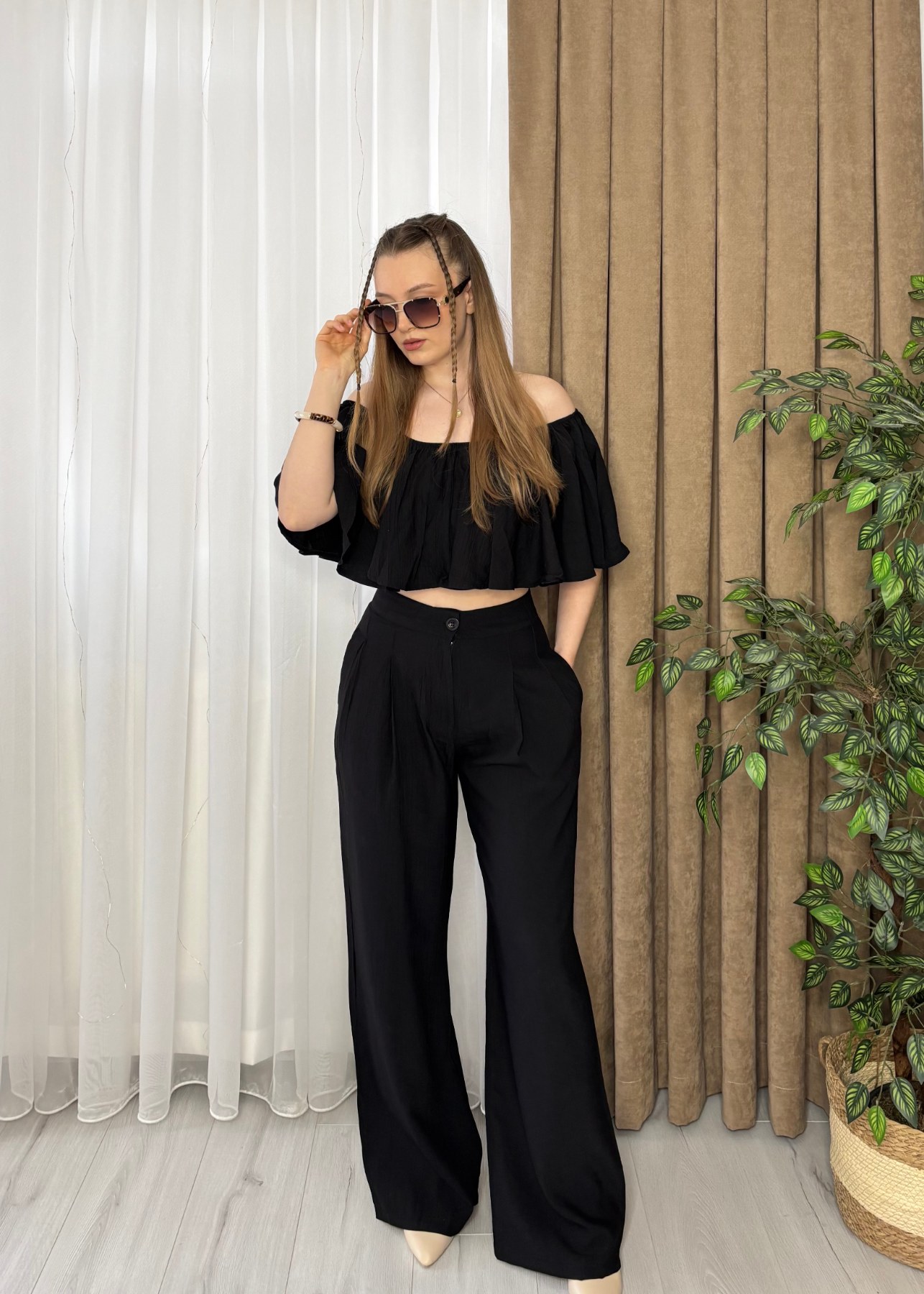 Crop Pantolon İkili Takım (Siyah)--1