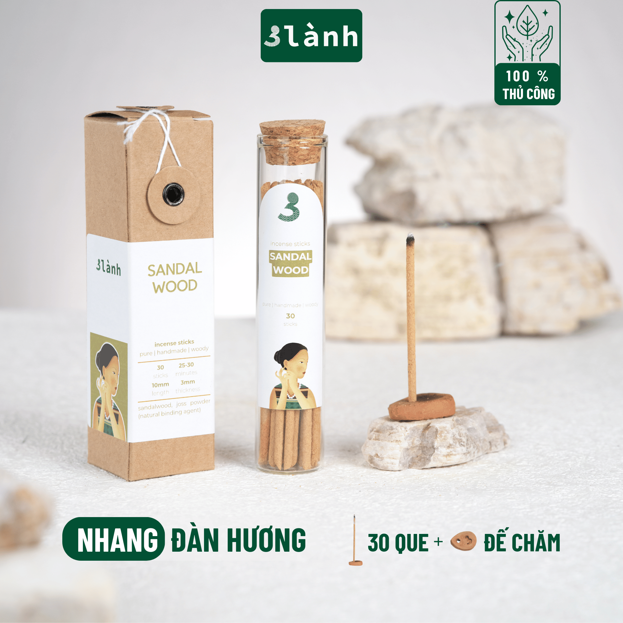 Quy cách đóng gói nhang thủ công đàn hương 3 Lành sang trọng