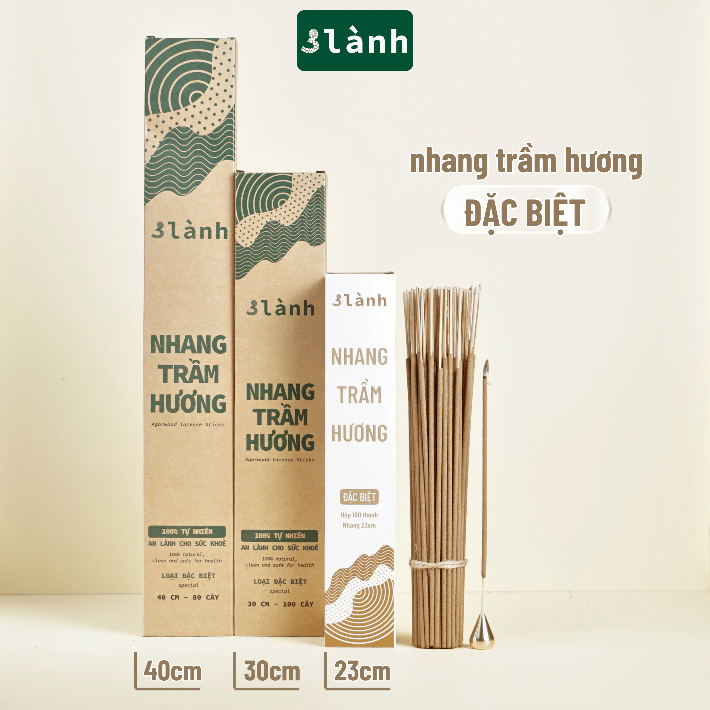 Quy cách 3 size hộp nhang trầm đặc biệt 3 Lành 23cm 30cm 40cm