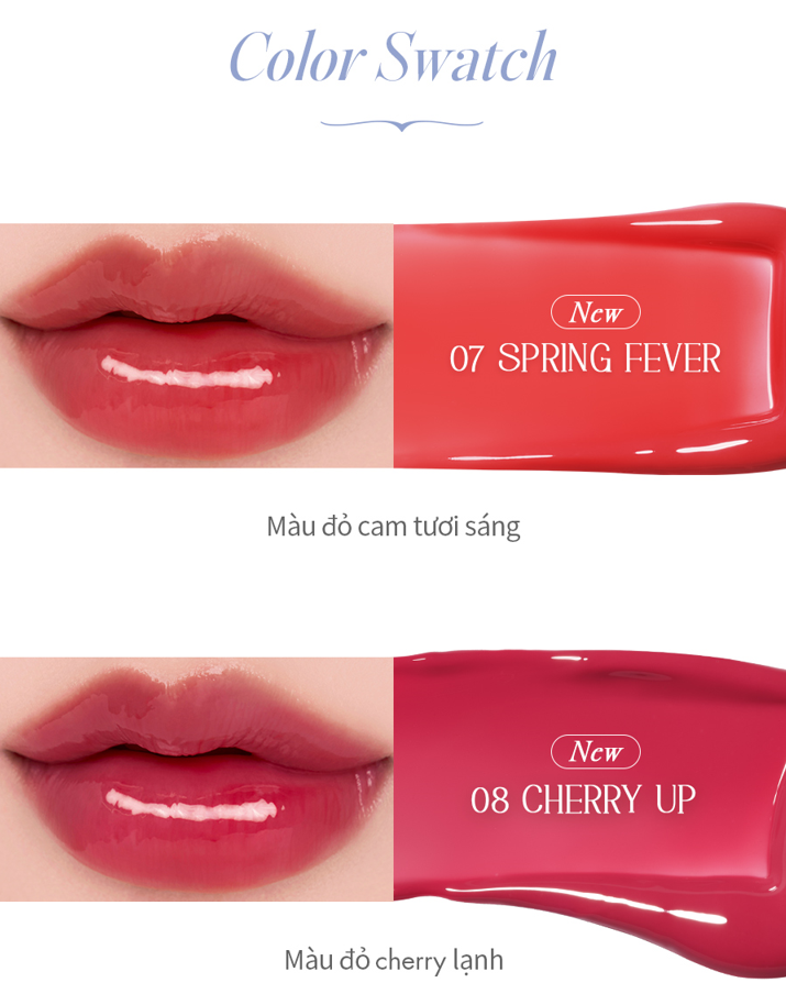 Bảng màu Son tint Romand Glasting Color Gloss 4g trong trẻo nhưng lên rõ màu