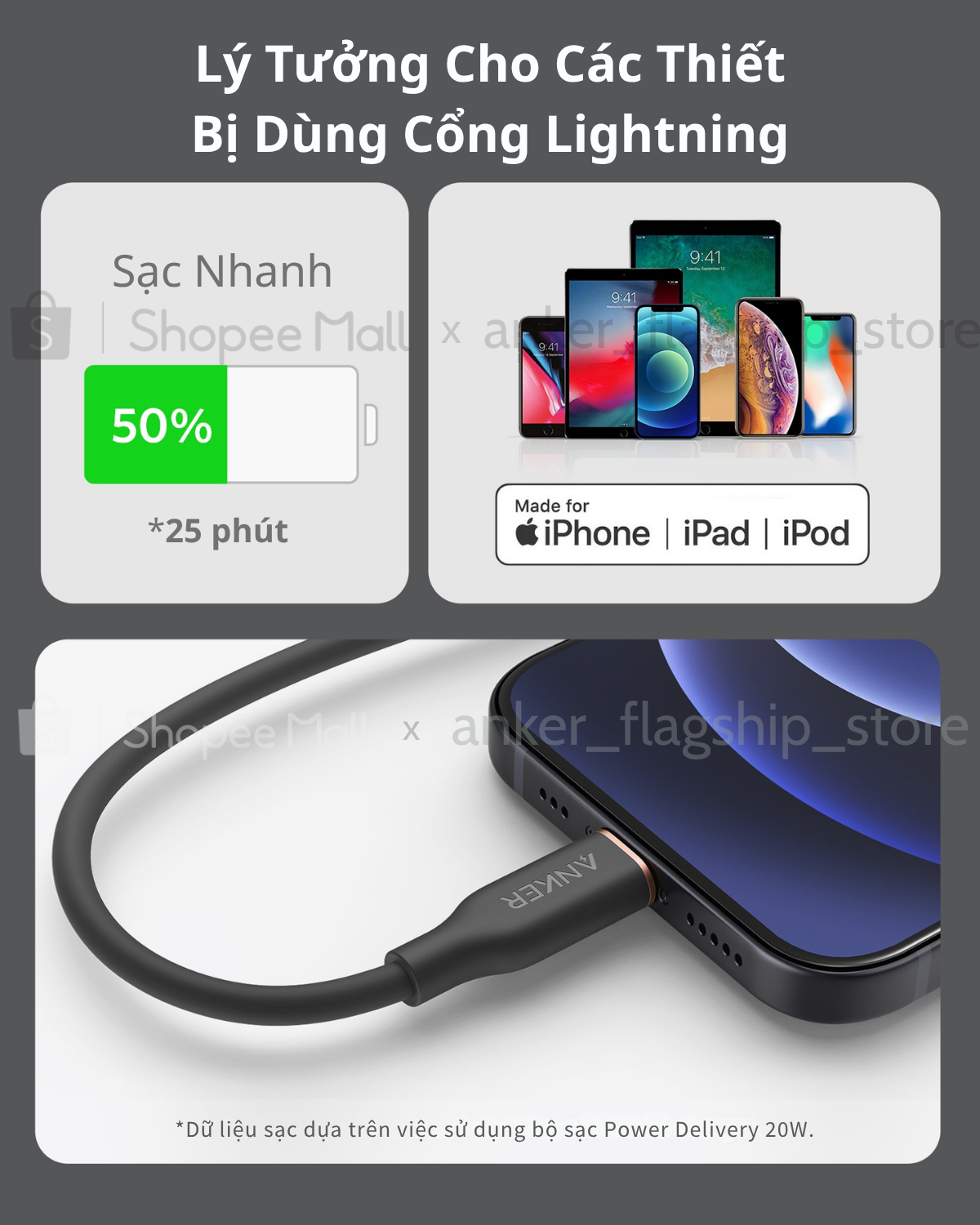 Cáp Sạc Nhanh Anker 641 PowerLine III Flow | USB-C to Lightning | PD 20W | Dài 0.9m | Siêu Mềm & Bền