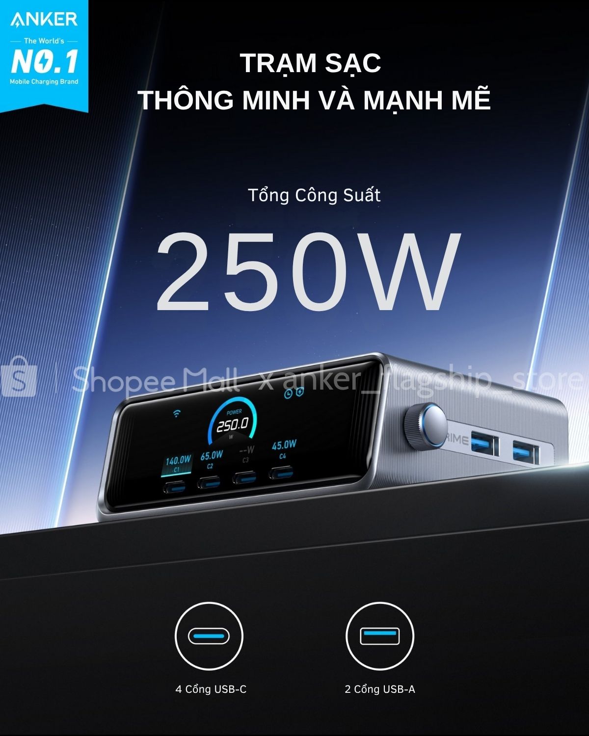 Trạm sạc nhanh Anker GaNPrime công suất lớn 250W - 6 cổng 4C2A - Màn hình LCD - Nút vặn tuỳ chỉnh - Hỗ trợ app - A2345