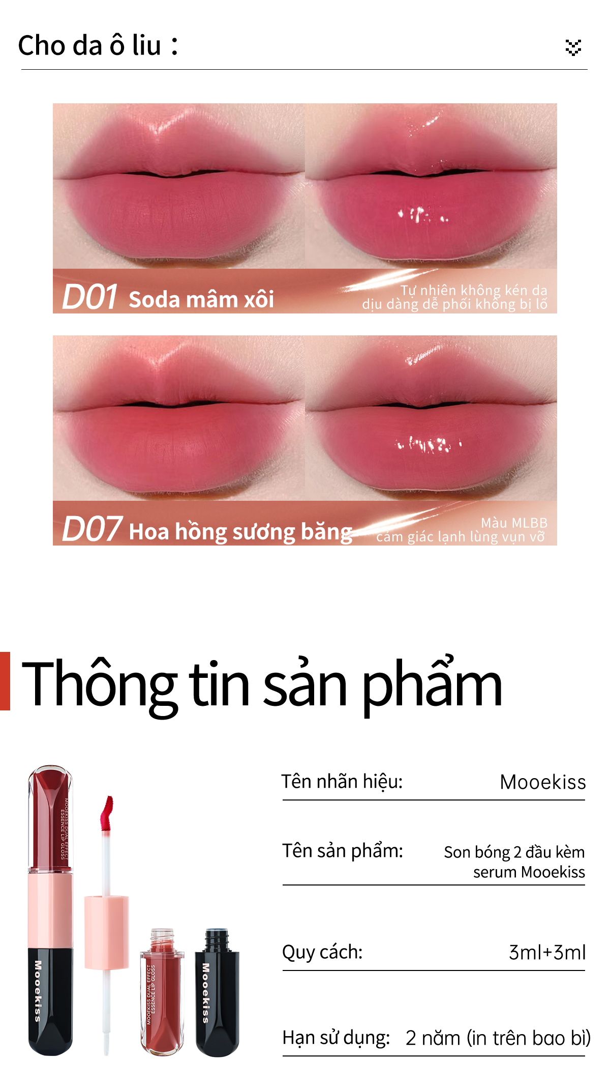 Thông tin sản phẩm Son Mooekiss serum dưỡng hiệu ứng tráng gương hai đầu đa năng 3ml+3ml