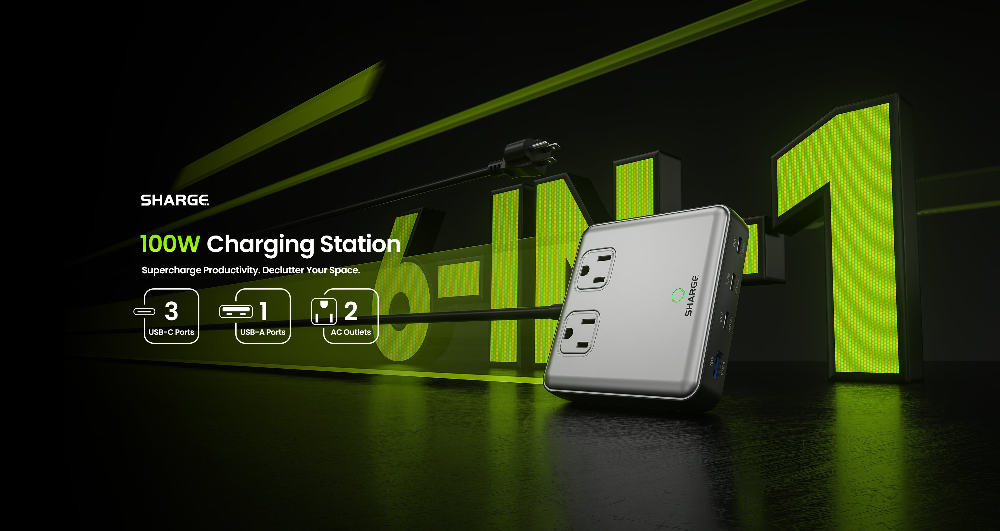 Trạm sạc nhanh Sharge 6 in 1, sạc nhanh 100W bao gồm 2 cổng AC, 3 cổng type C, đa dụng, tiện lợi, thích hợp để bàn 11 Trạm sạc nhanh Sharge 6 in 1, sạc nhanh 100W bao gồm 2 cổng AC, 3 cổng type C, đa dụng, tiện lợi, thích hợp để bàn 10