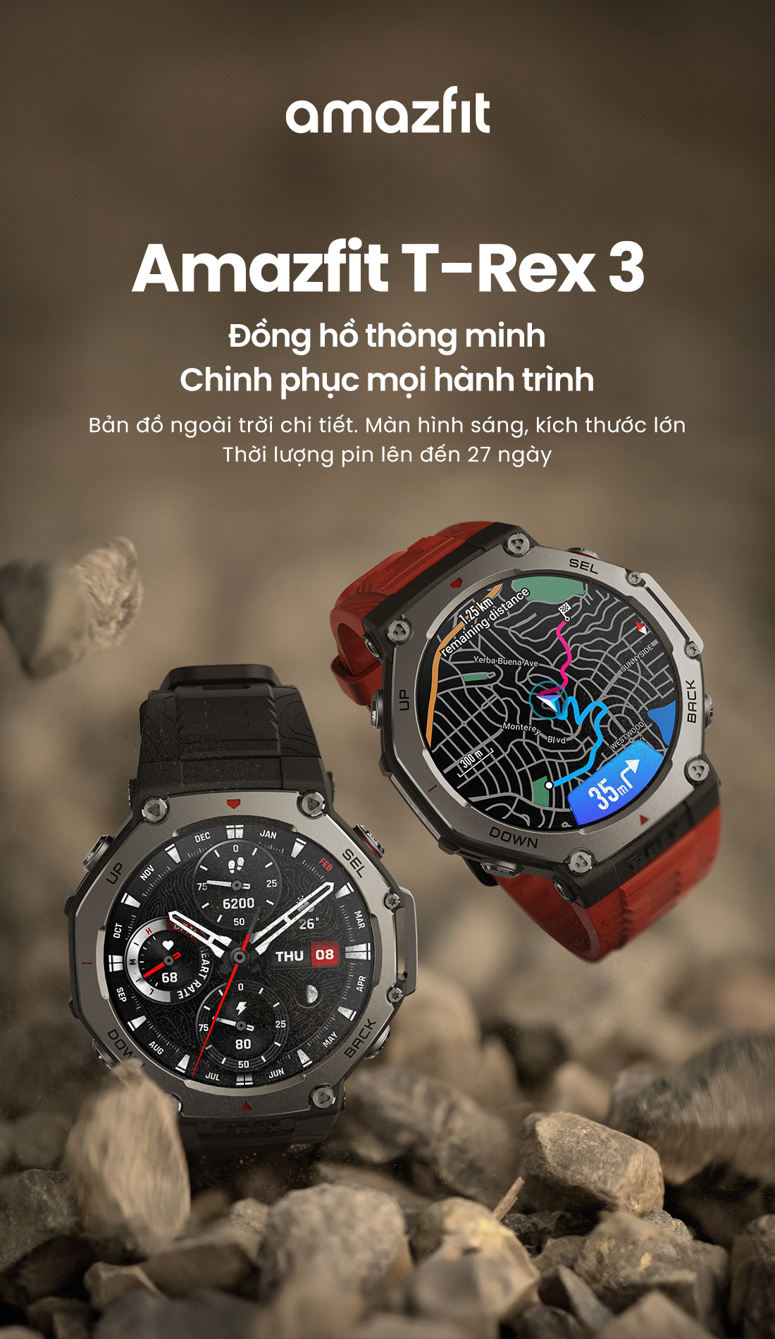 Đồng hồ thông minh Amazfit T-Rex 3 màn AMOLED 1.5 in viền thép GPS tích hợp AI 9