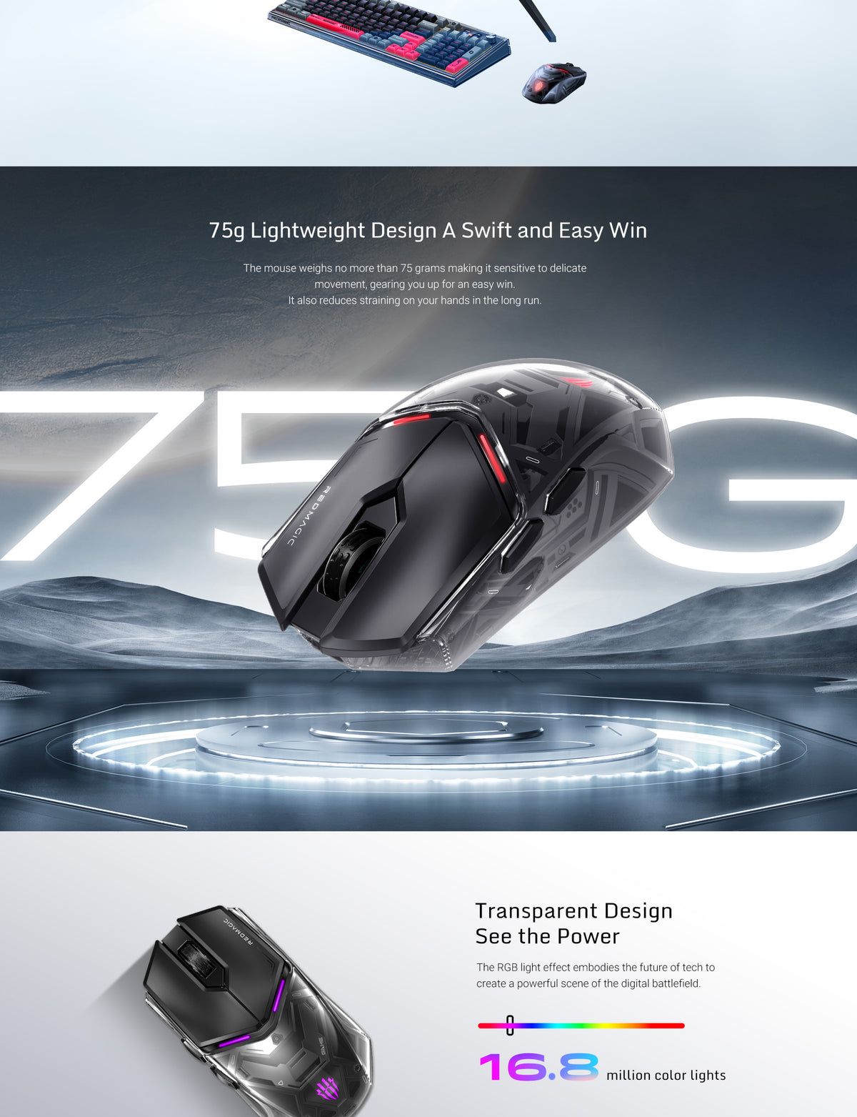 Chuột chơi game Nubia Redmagic GS001J PixArt PAW3395 Sensor Tri-mode Connectivity 450mAh Battery life 75g weight Design 17 Chuột chơi game Nubia Redmagic GS001J PixArt PAW3395 Sensor Tri-mode Connectivity 450mAh Battery life 75g weight Design 16