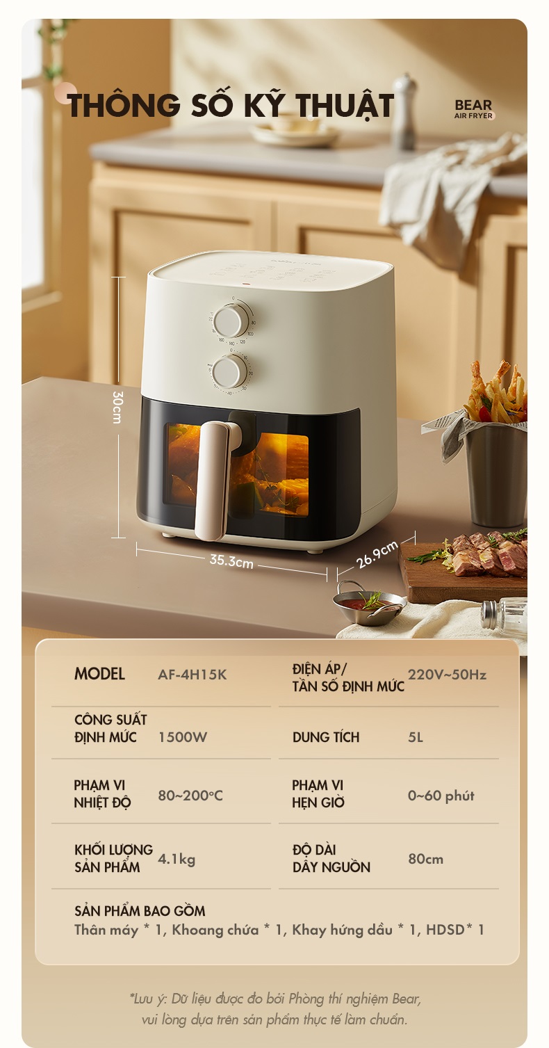 Nồi Chiên Không Dầu 5L Bear AF-4H15K - Hàng Chính Hãng BH 18 Tháng