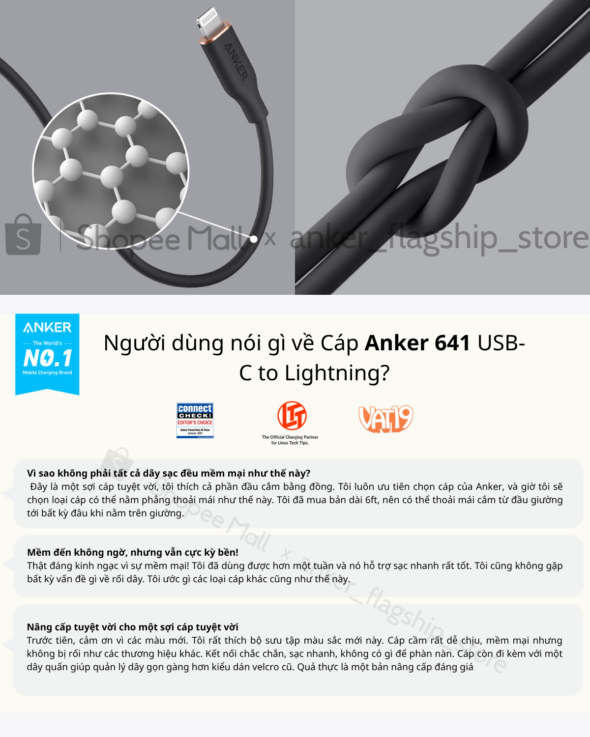 Cáp Sạc Nhanh Anker 641 PowerLine III Flow | USB-C to Lightning | PD 20W | Dài 0.9m | Siêu Mềm & Bền