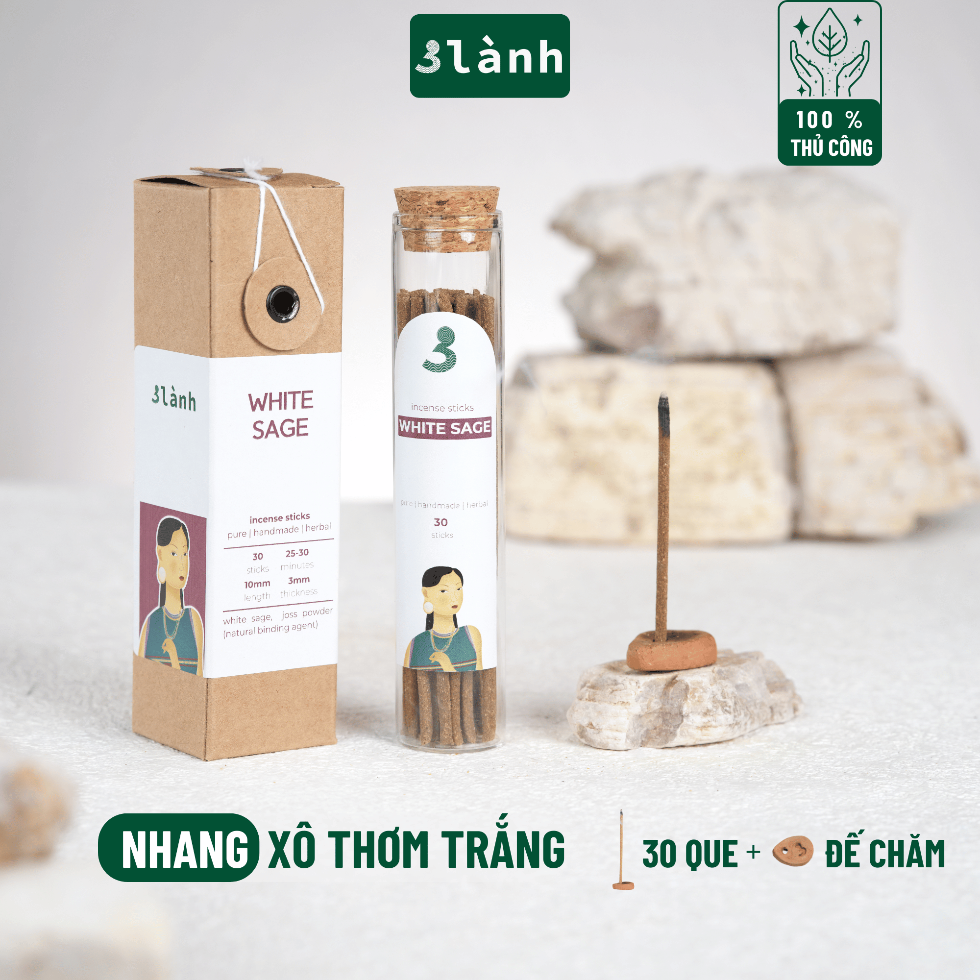 Quy cách đóng gói nhang thủ công tự nhiên 3 Lành sang trọng