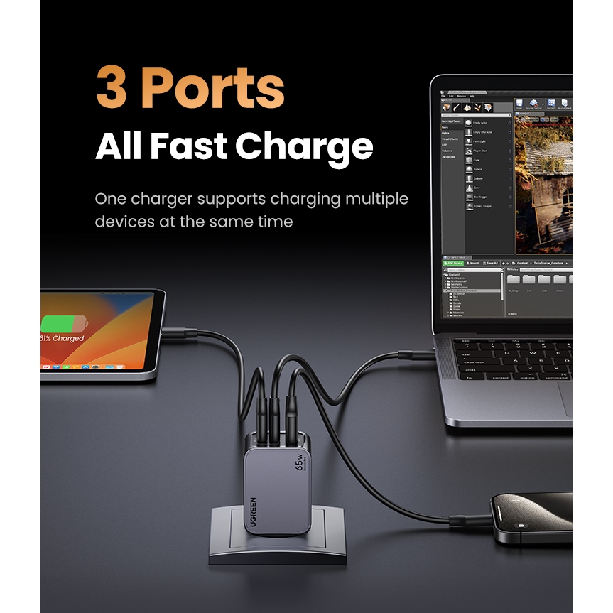 Bộ sạc nhanh Ugreen 65W Nexode GaN Pro, 3 cổng sạc USB-C/USB-A, Tặng kèm cáp sạc nhanh Type-C 100W 1.5m, BH 12 tháng 10 Bộ sạc nhanh Ugreen 65W Nexode GaN Pro, 3 cổng sạc USB-C/USB-A, Tặng kèm cáp sạc nhanh Type-C 100W 1.5m, BH 12 tháng 9