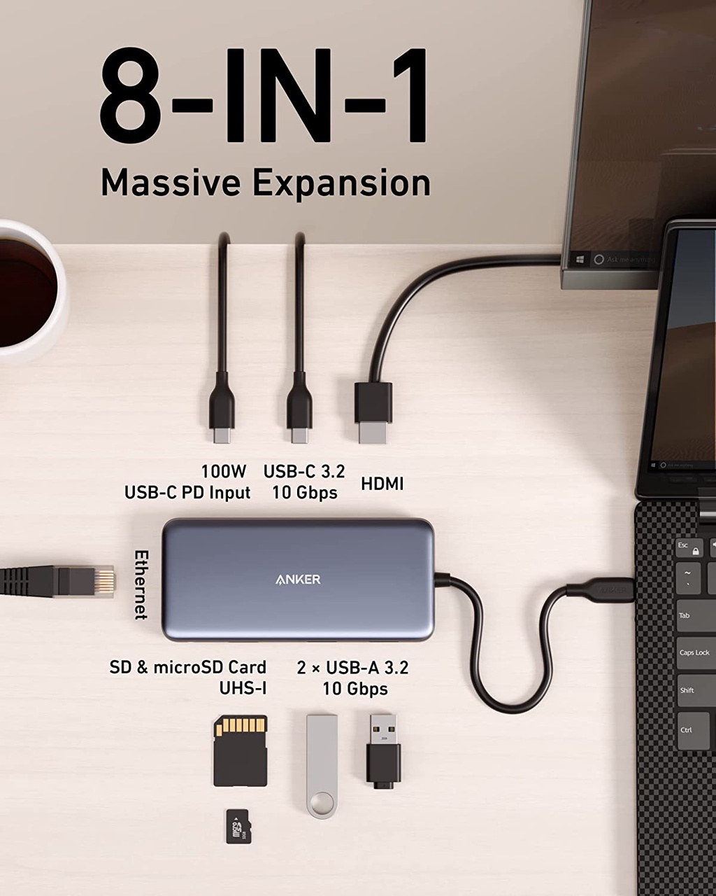 Hub chuyển đổi ANKER 555 USB-C A8383 8 in 1 hỗ trợ PD 100W xuất hình 4K/60hz truyền dữ liệu10Gbps, nhỏ gọn, tiện lợi 13 Hub chuyển đổi ANKER 555 USB-C A8383 8 in 1 hỗ trợ PD 100W xuất hình 4K/60hz truyền dữ liệu10Gbps, nhỏ gọn, tiện lợi 12