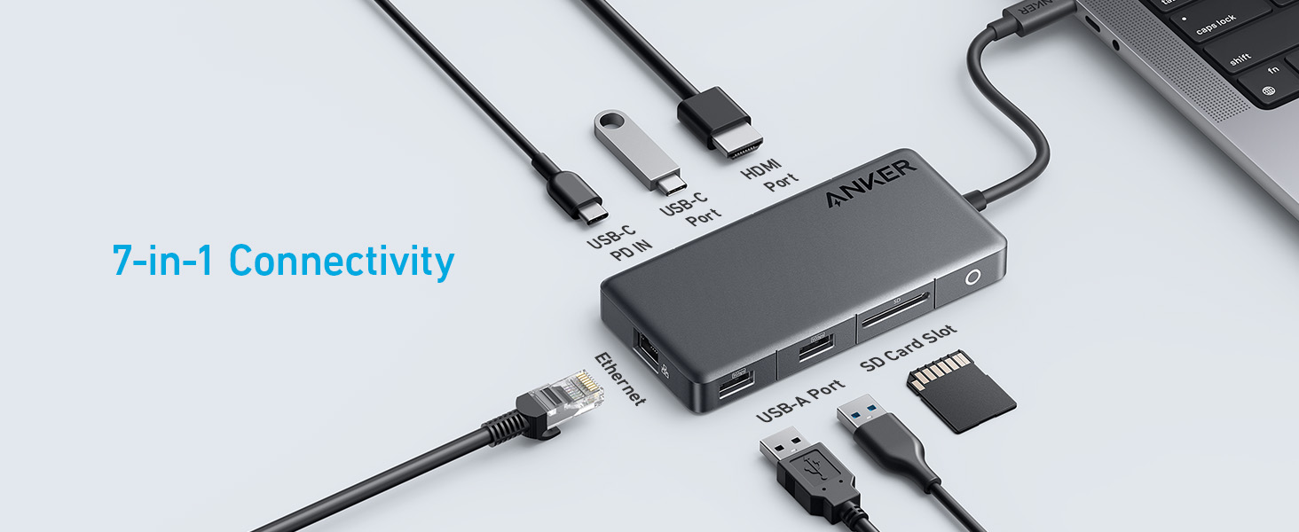 Hub chuyển đổi Anker 341 USB-C 7 trong 1 HDMI 4K với 3 cổng dữ liệu USB-C và USB-A 5Gbps PD 100W Ethernet - A8348 11 Hub chuyển đổi Anker 341 USB-C 7 trong 1 HDMI 4K với 3 cổng dữ liệu USB-C và USB-A 5Gbps PD 100W Ethernet - A8348 10