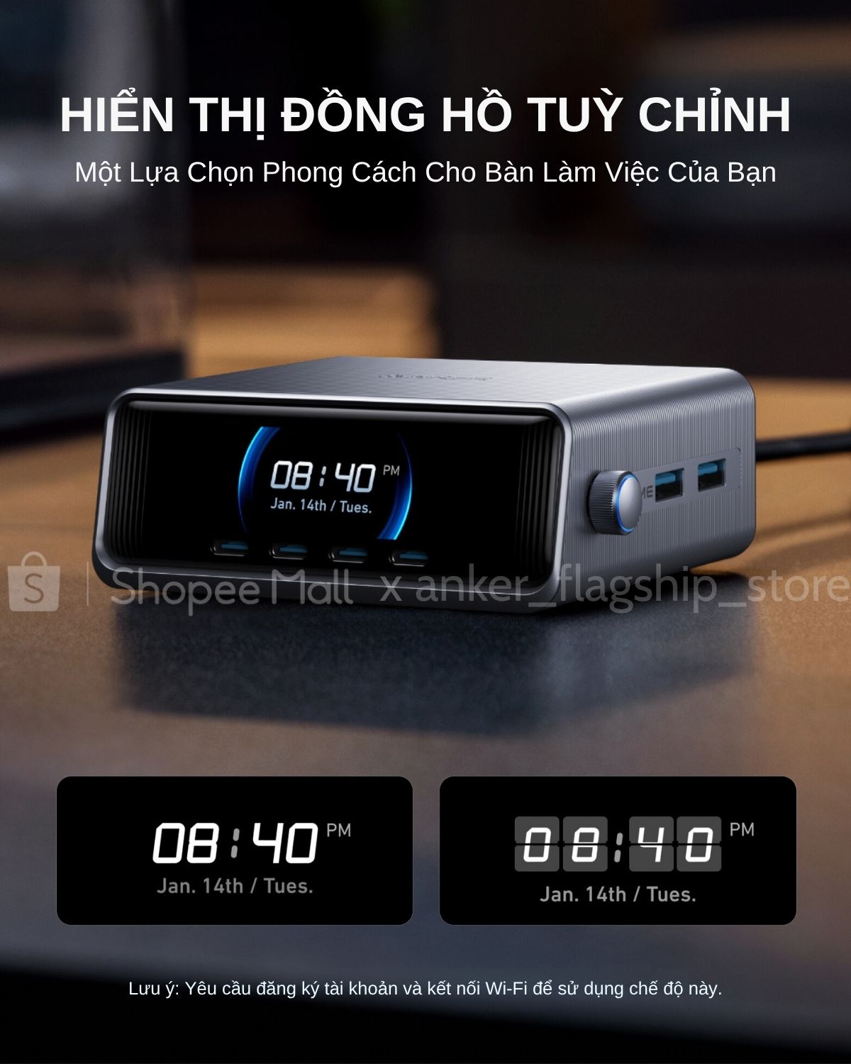 Trạm sạc nhanh Anker GaNPrime công suất lớn 250W - 6 cổng 4C2A - Màn hình LCD - Nút vặn tuỳ chỉnh - Hỗ trợ app - A2345