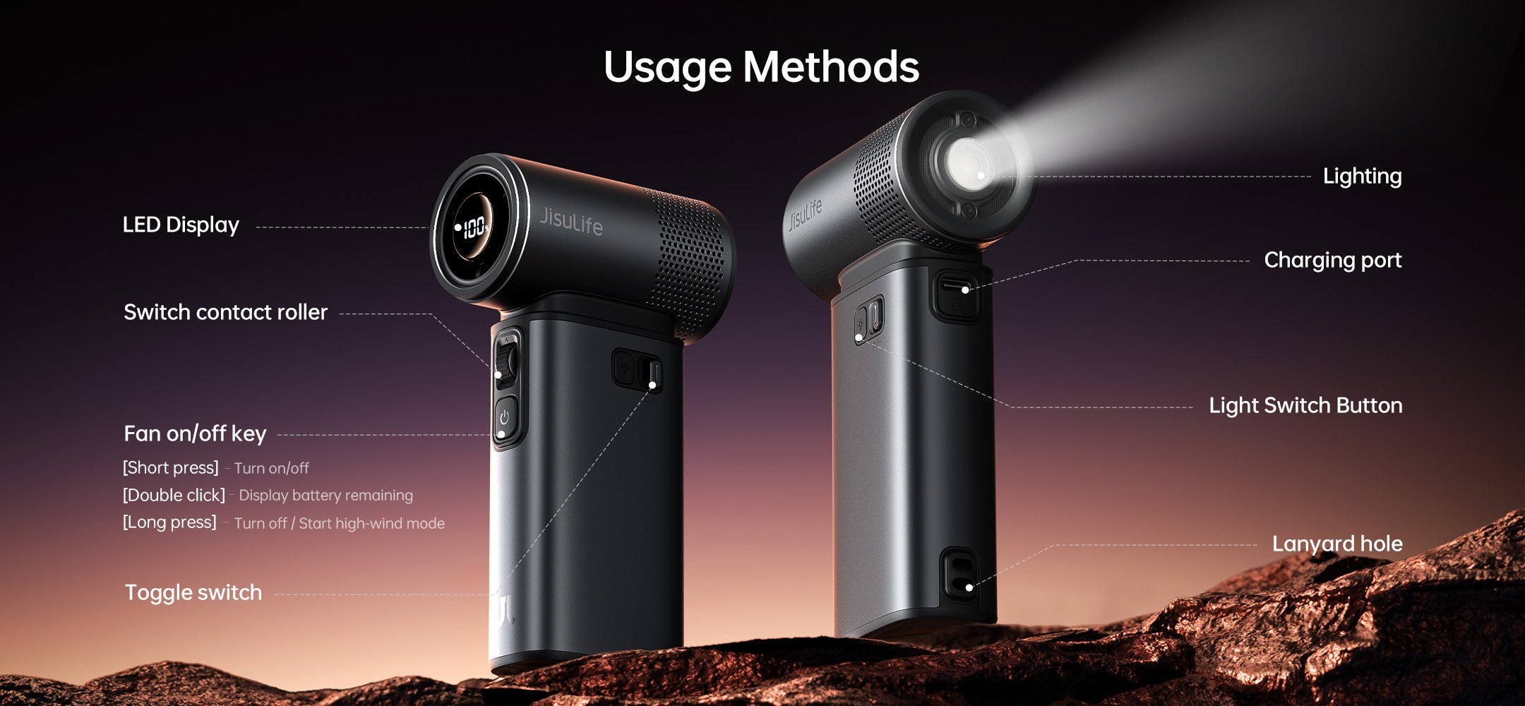 Quạt cầm tay Jisulife Handheld Fan Ultra 2 pin 9.000mAh 100 mức gió có đèn pin sạc nhanh cho IP cảm biến gió 17m/s 9