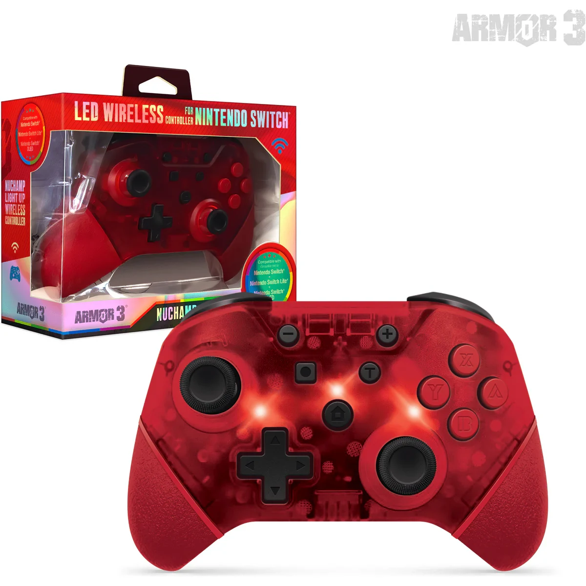 Nintendo Switch - NuChamp Wireless Game Controller for Nintendo Switch OLED/Lite (Red/LED)