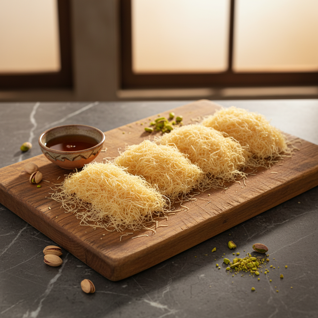 Fire subțiri de cataif aranjate pe un tocător de lemn, alături de fistic și sirop