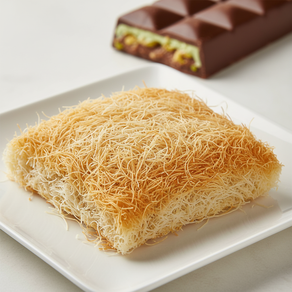 Detaliu macro al firelor de cataif pe farfurie albă cu ciocolată Dubai în fundal