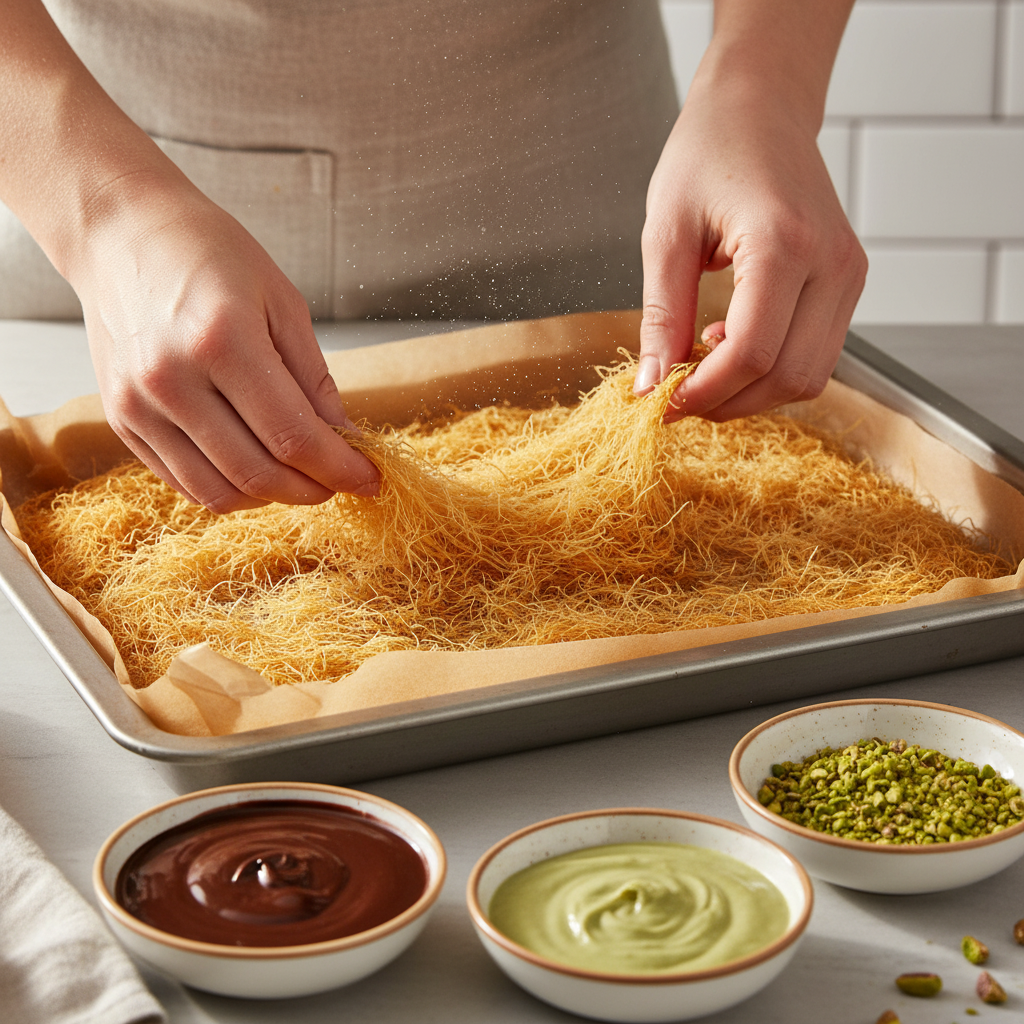 Mâini separând fire de cataif pe tavă lângă boluri cu ciocolată și cremă de fistic