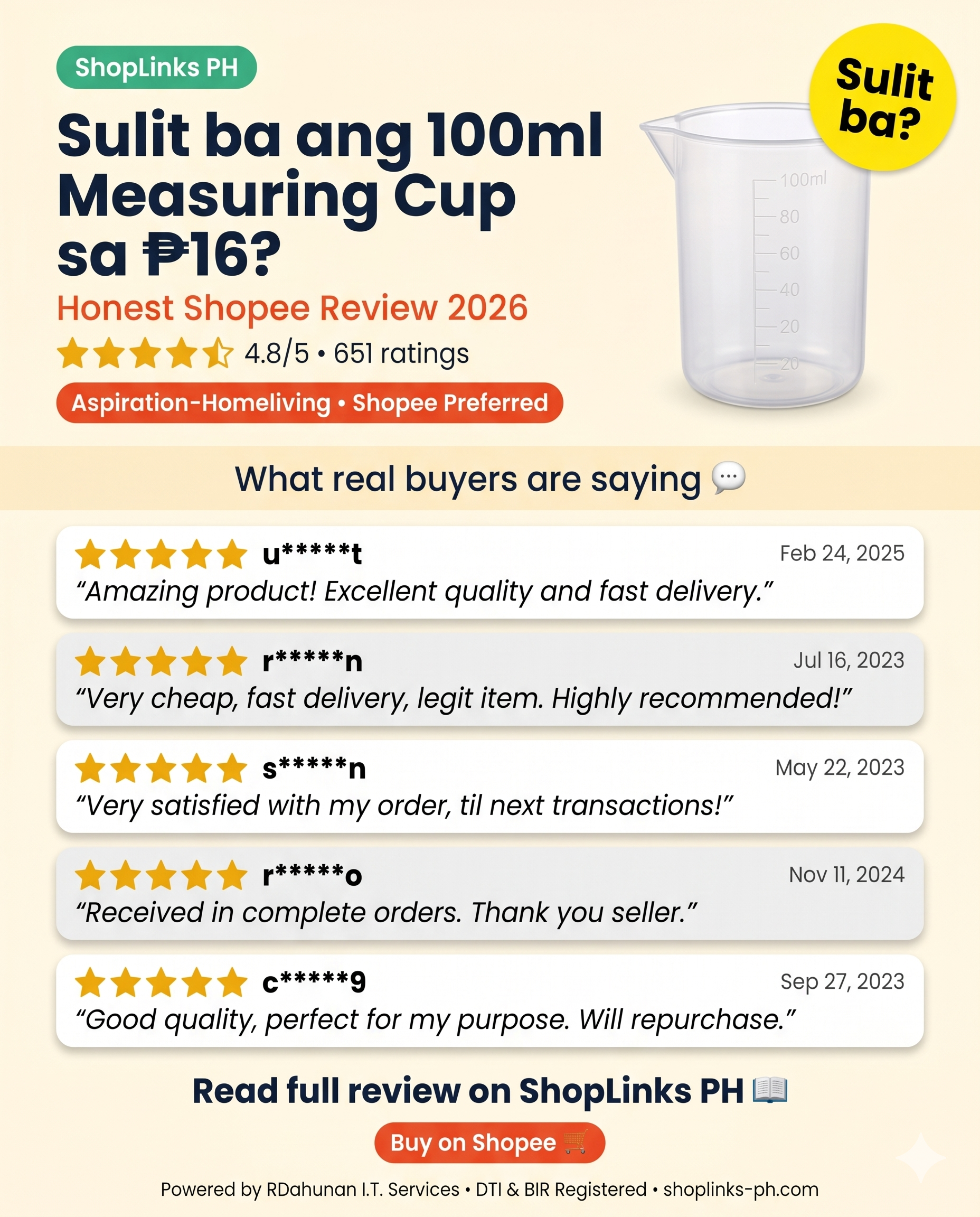 100ml Transparent Plastic Measuring Cup (Lab / Kitchen / Bar) — product image