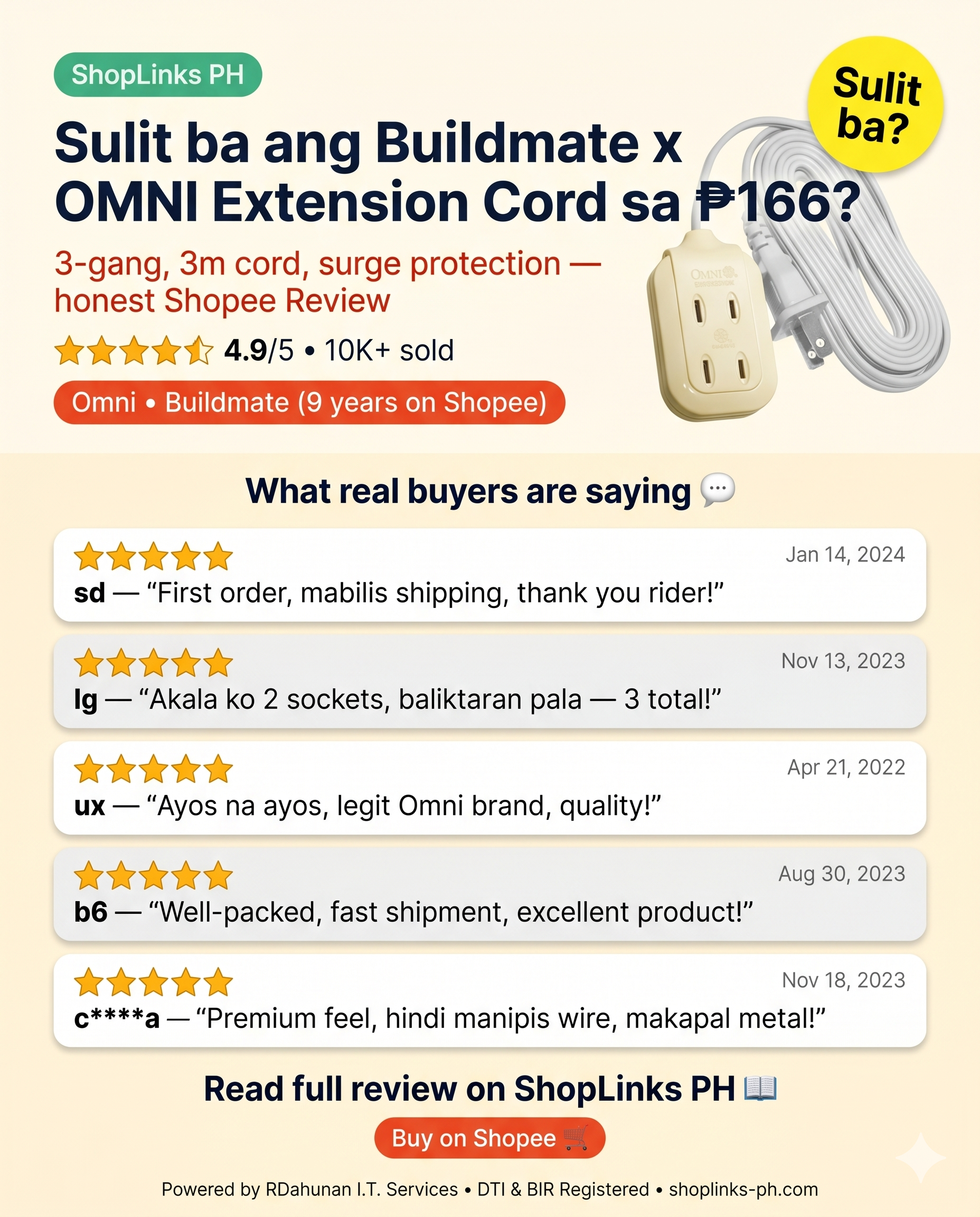 Buildmate x OMNI Extension Cord 3Gang 3M WDP303 — product image