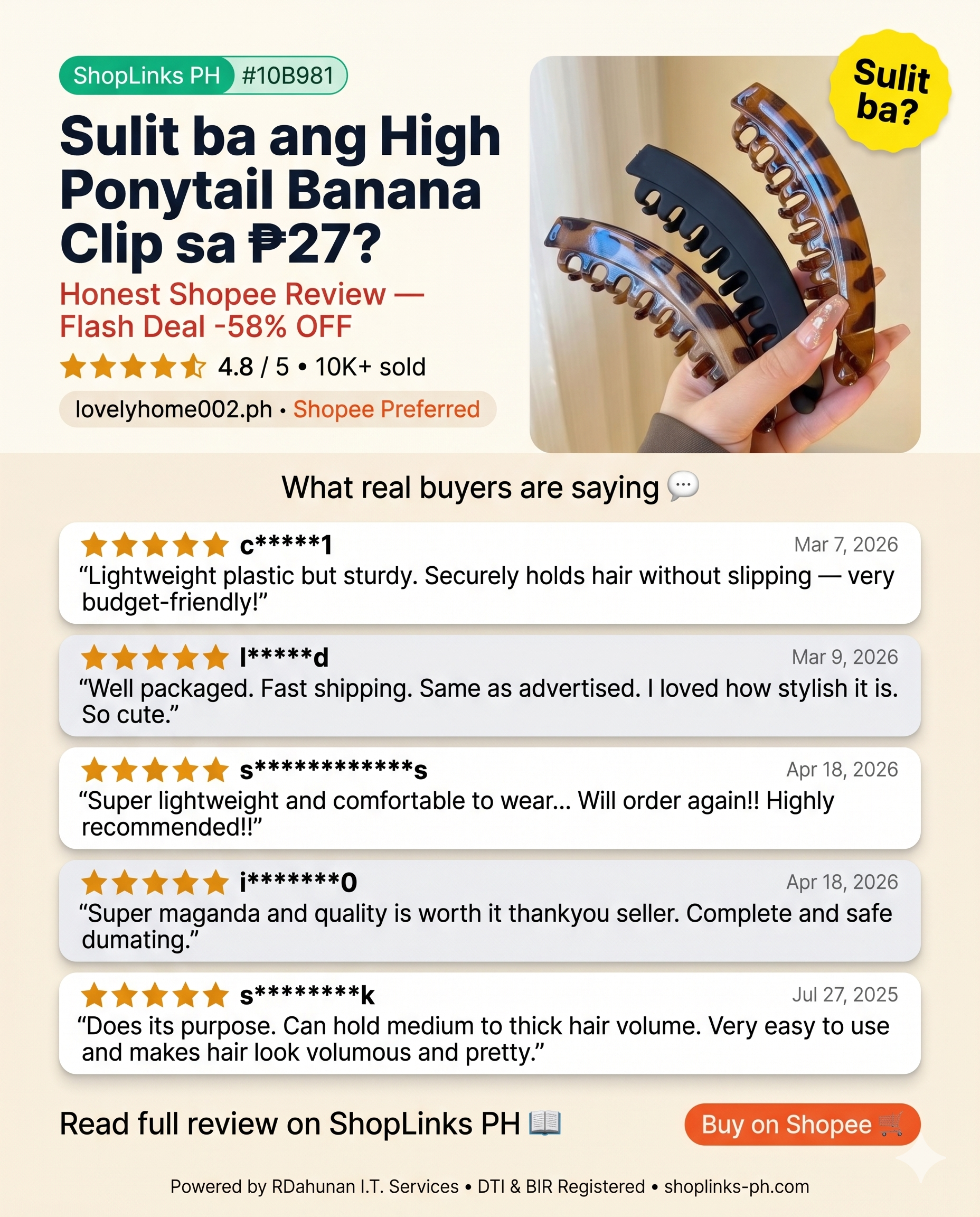 High Ponytail Grips Banana Clip Hair Clip (10 Color Options, Unisex) — product image