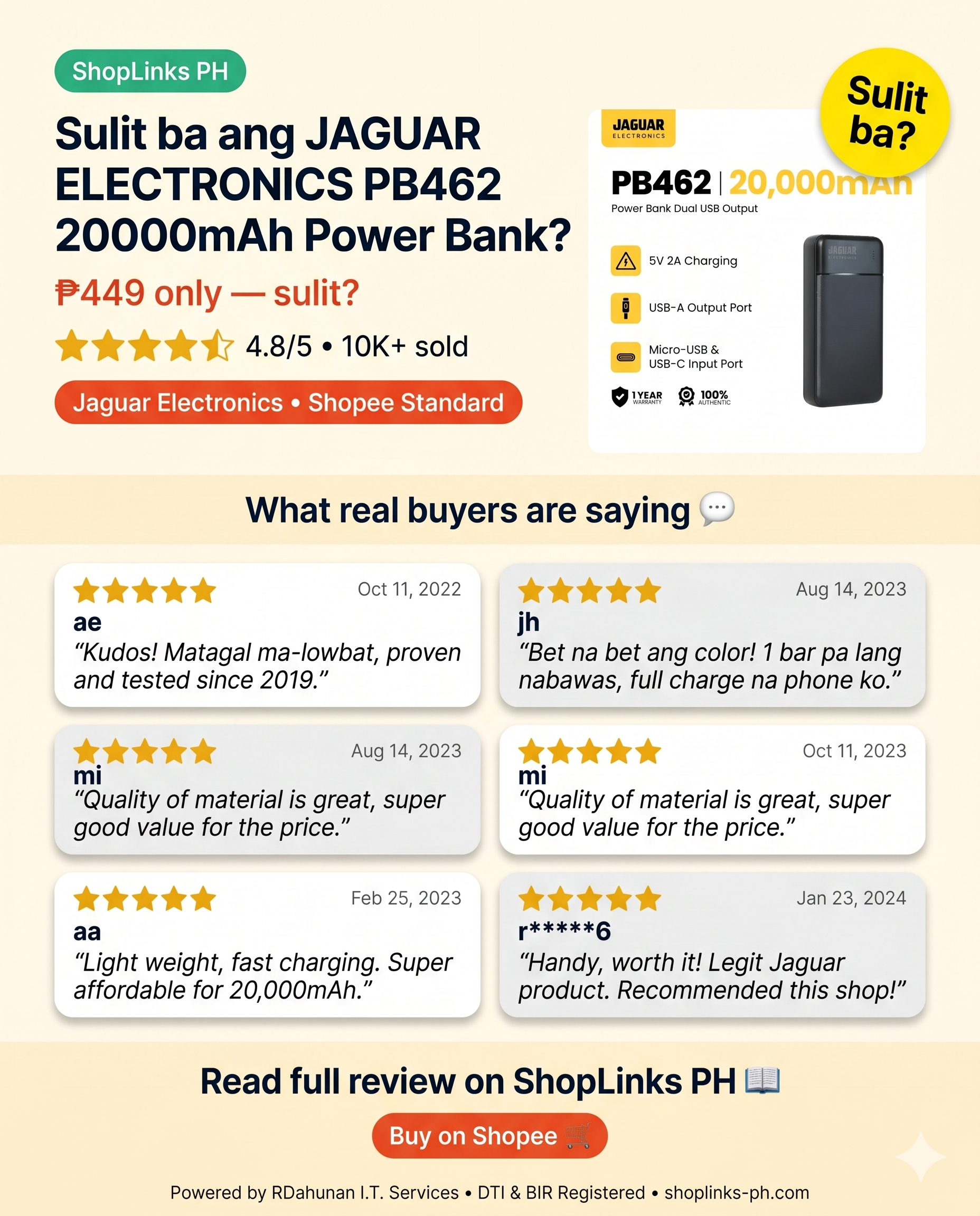 JAGUAR ELECTRONICS PB462 20000mAh Power Bank — product image
