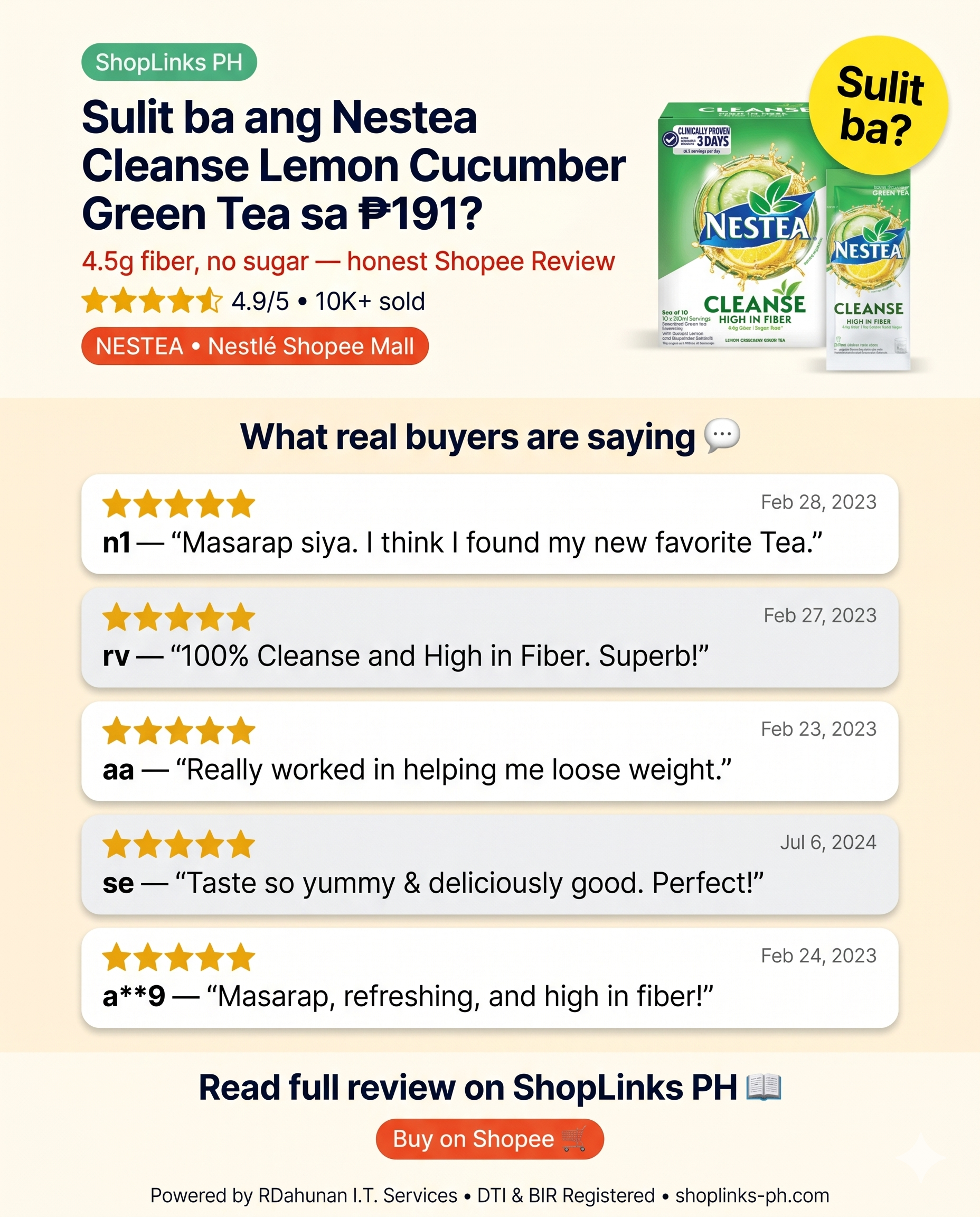 Nestea Cleanse Lemon Cucumber Powdered Green Tea with Fiber 250ml - Pack of 10 — product image
