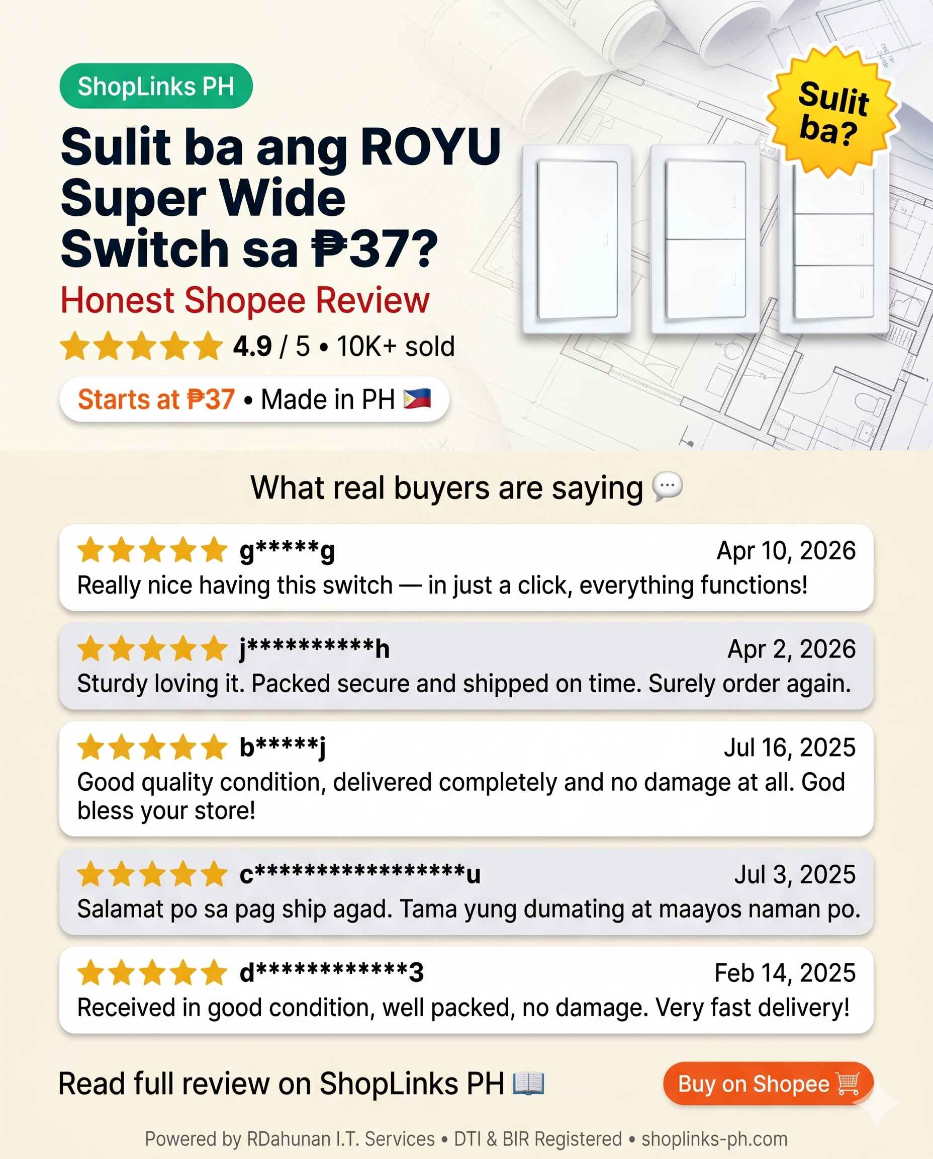 ROYU SUPER Wide Series 1, 2, 3 Gang Switch/Outlet (Multiple Configurations) — product image