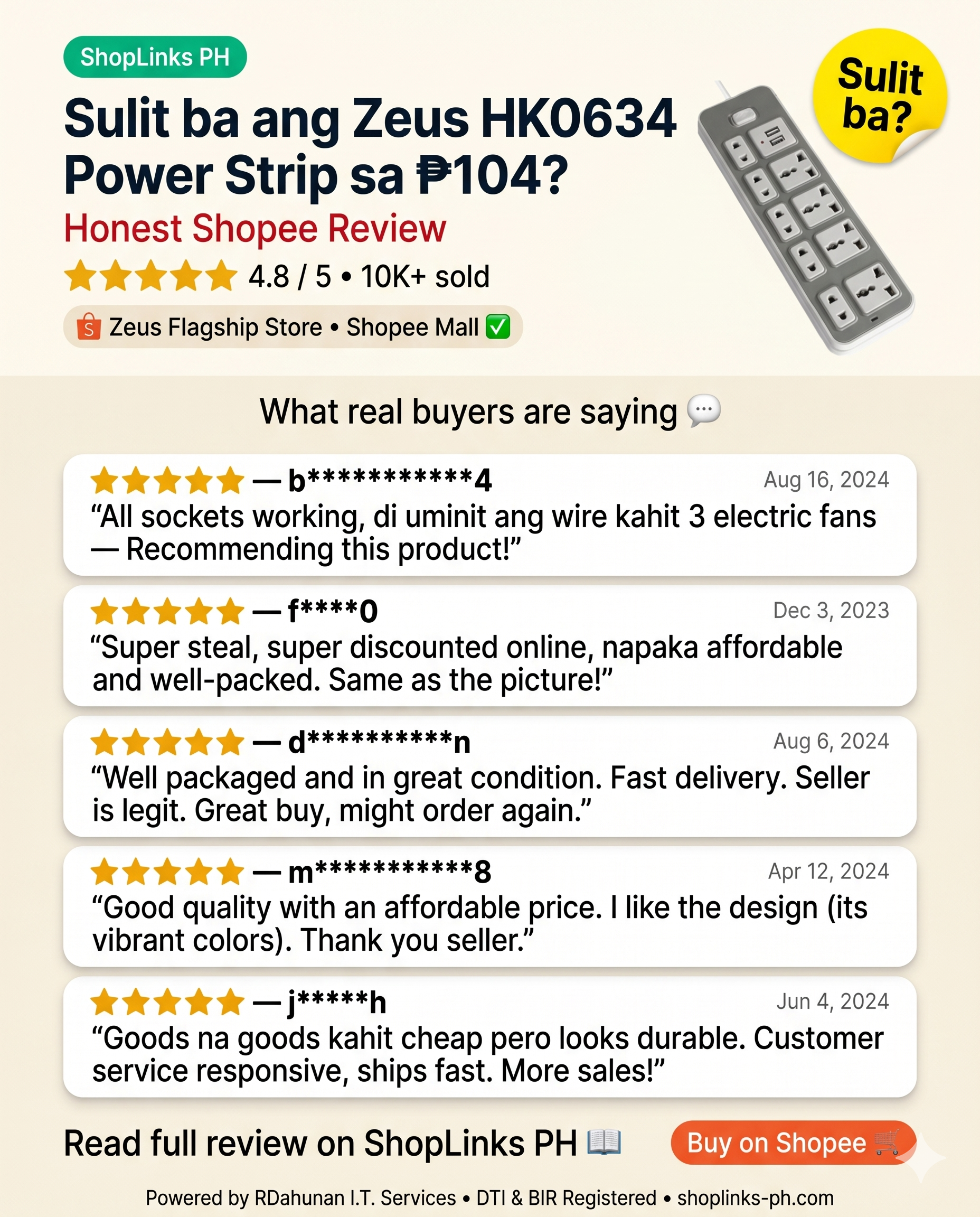 Zeus HK0634 Multi-Function USB Power Strip (10 Outlets + 2 USB, 1.8M Cable) — product image